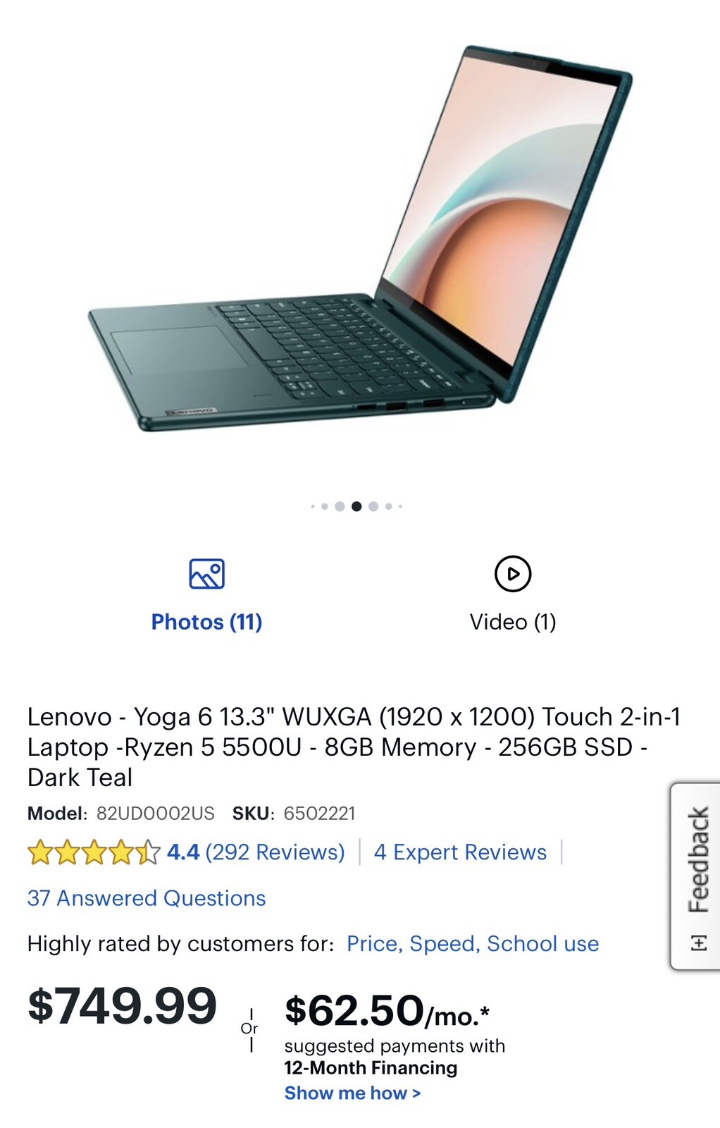 Lenovo Yoga 6 13ALC7 13.3″ (256GB SSD, AMD Ryzen 5 5000 Series, 4.0 GHz, 8GB)…