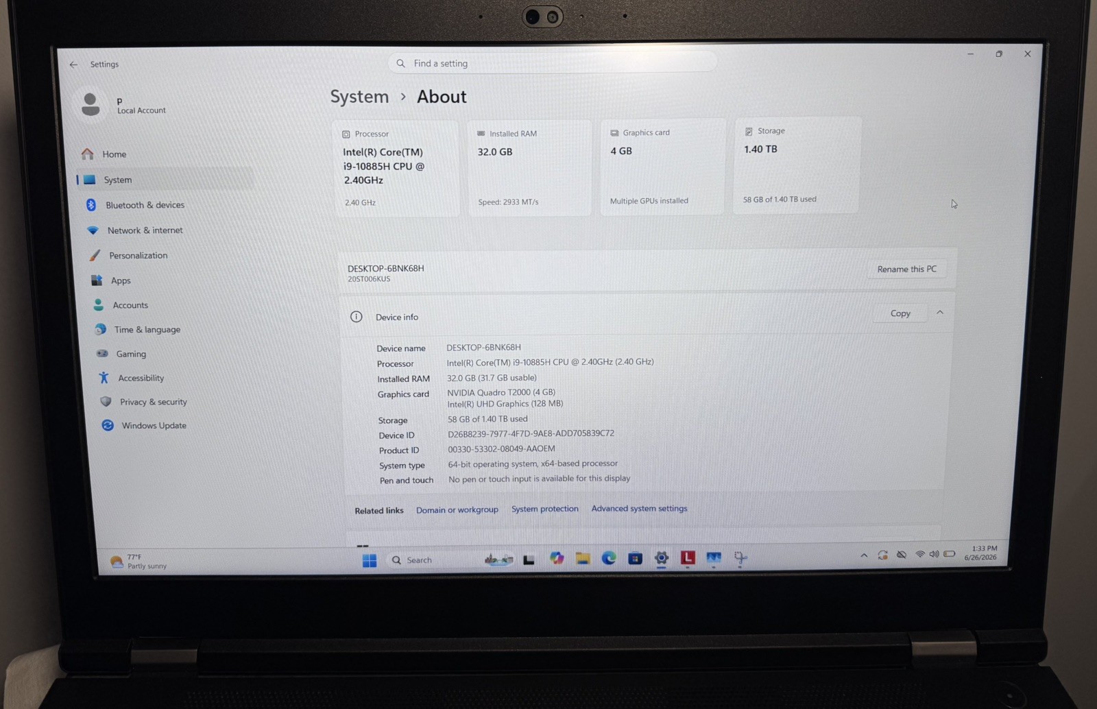 LENOVO ThinkPad P15 Gen1 i9 32GB RAM 1.5TB SSD WIN11P CHARGER INCLUDED