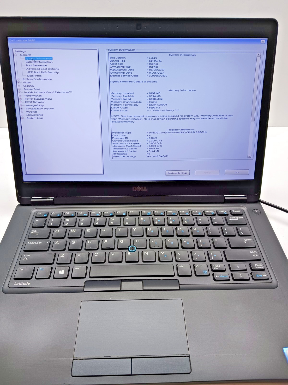 14″ DELL LATITUDE 5480 Intel i5-7440HQ @ 2.80GHz 8 GB DDR4 RAM 128 GB SSD, NO OS