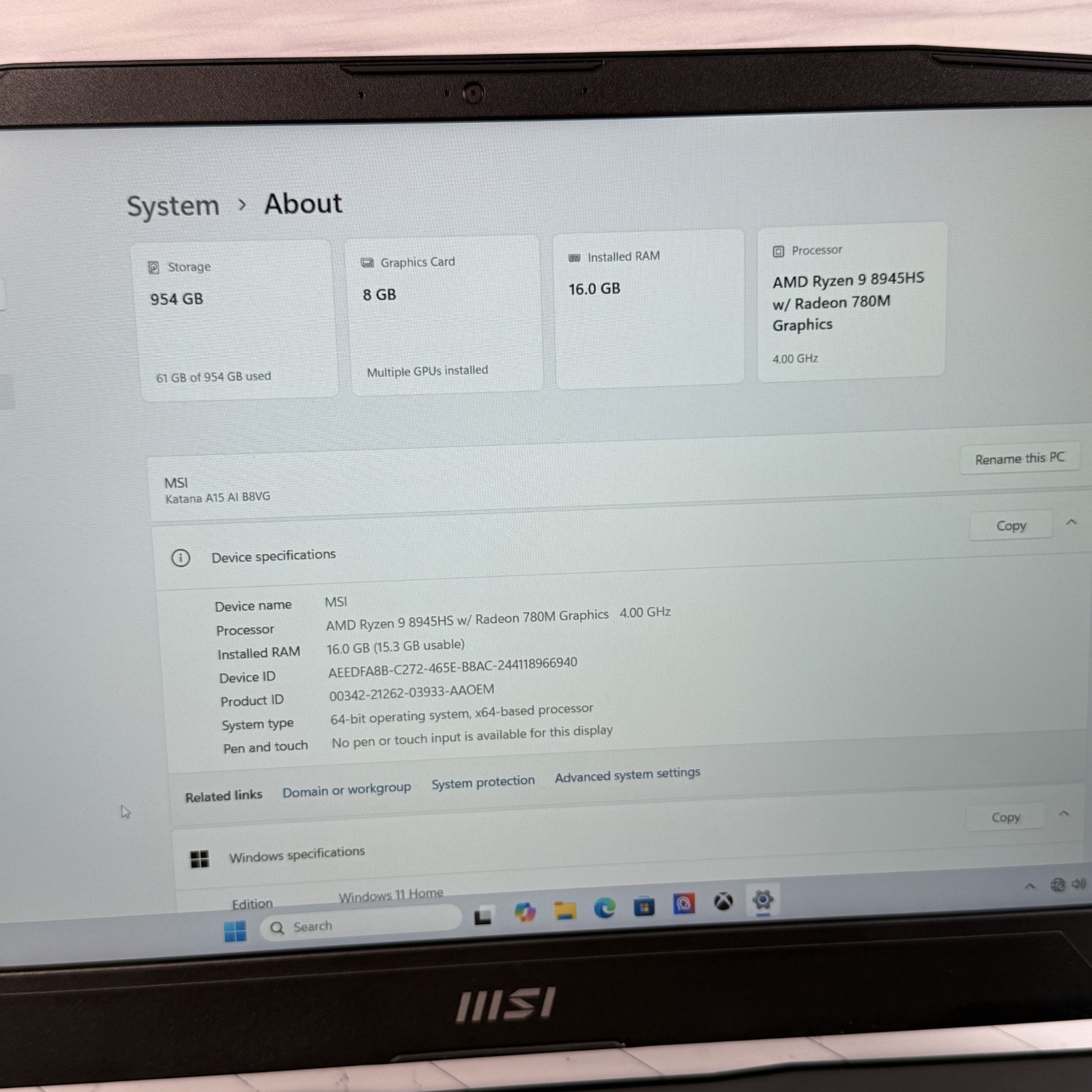MSI Katana A15 AI Gaming Laptop AMD Ryzen 9 8945HS RTX 4070 16GB 1TB 15.6″ #H417