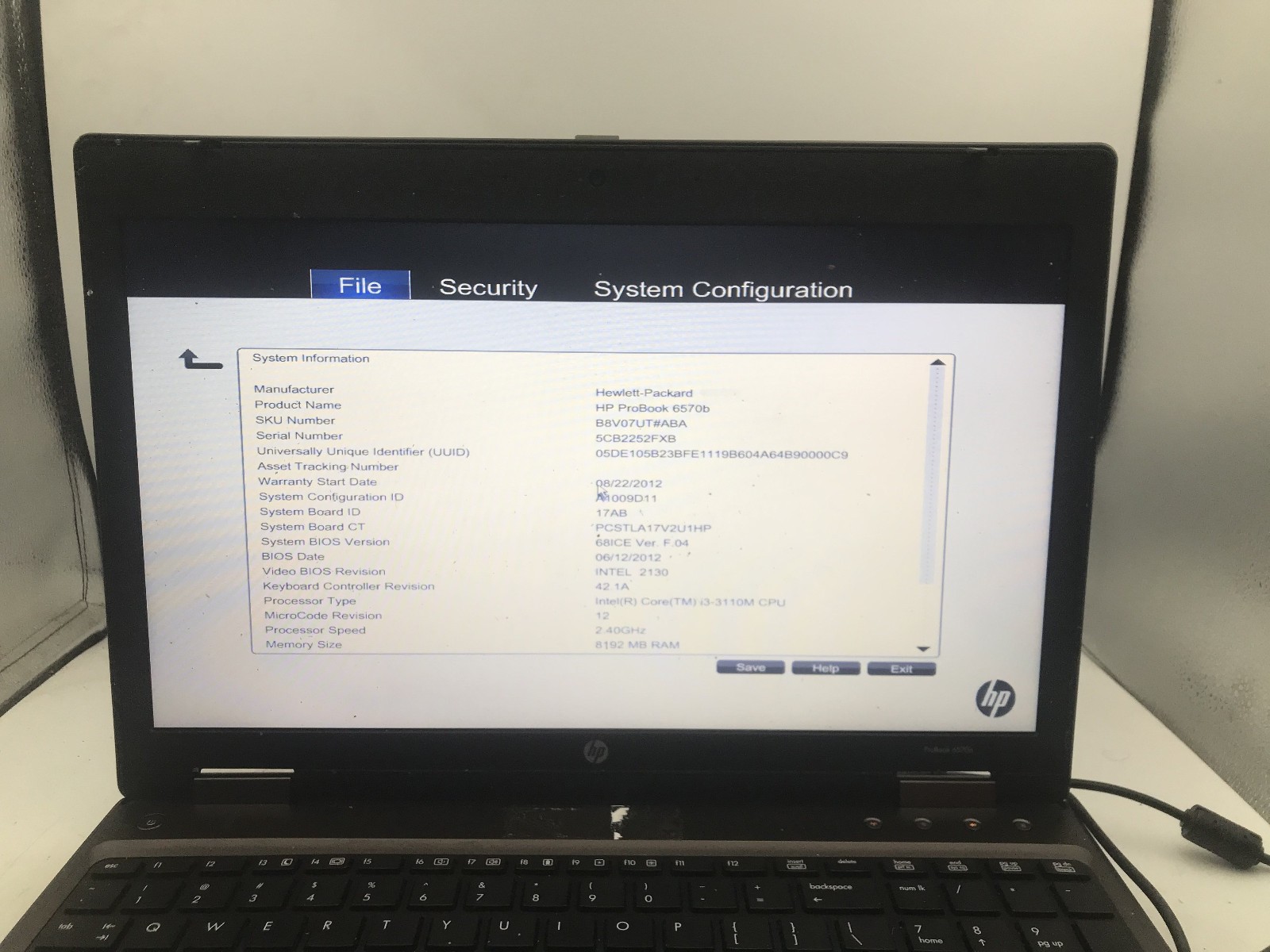 HP PROBOOK 6570B – BOOTS TO BIOS – INTEL I5 3340M – NO RAM – READ – BB