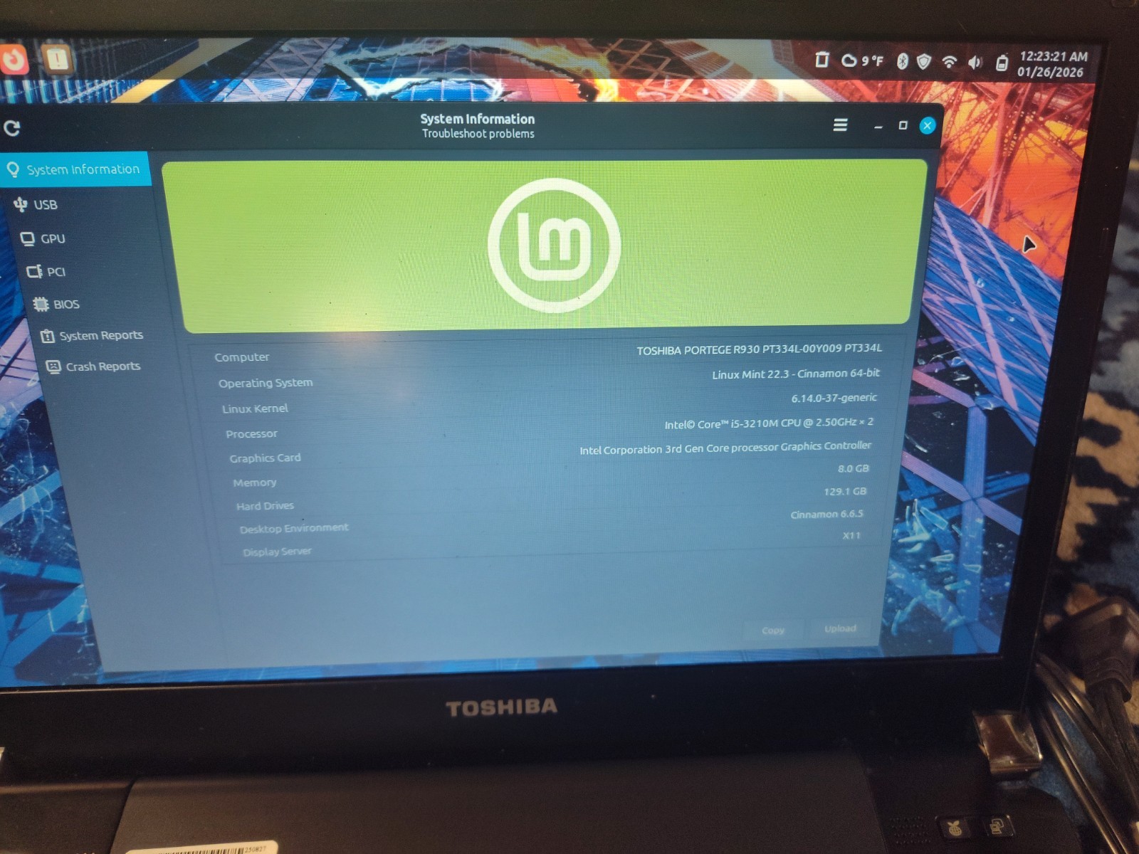Toshiba Protege R930 Laptop, Intel I5 2.5ghz, 8gb RAM, 128gb SSD, Linux Mint 🕹️
