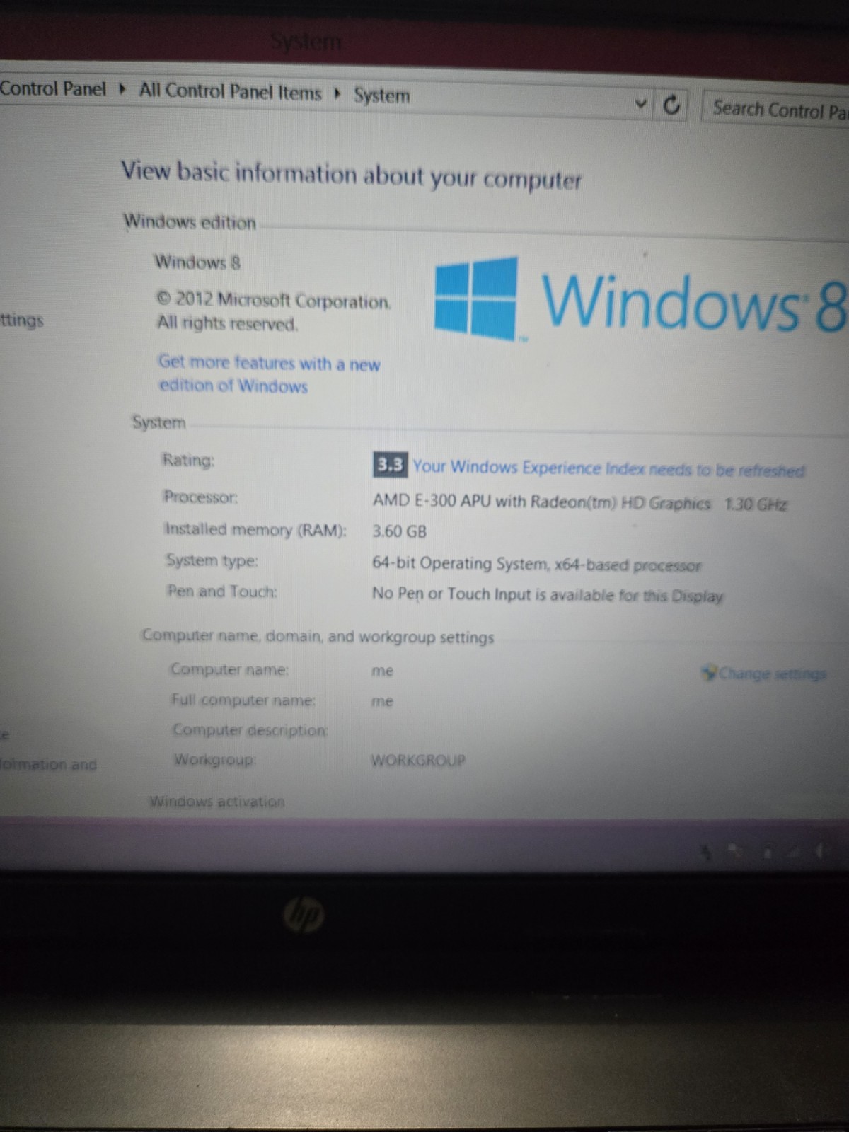 HP 2000 Laptop Windows 8 13.5″ Screen HDD 148 GB 3.60 GB RAM