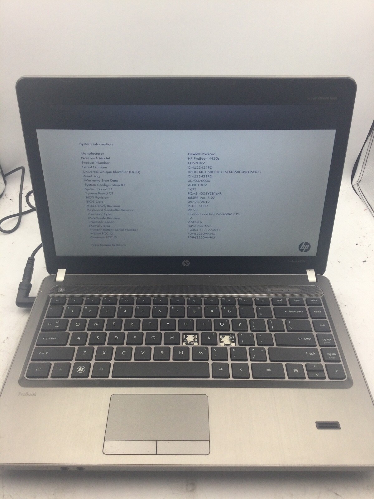 HP PROBOOK 4430s – BOOTS TO BIOS – INTEL I5 2450M – 4GB RAM -READ DESCRIPTION-BB