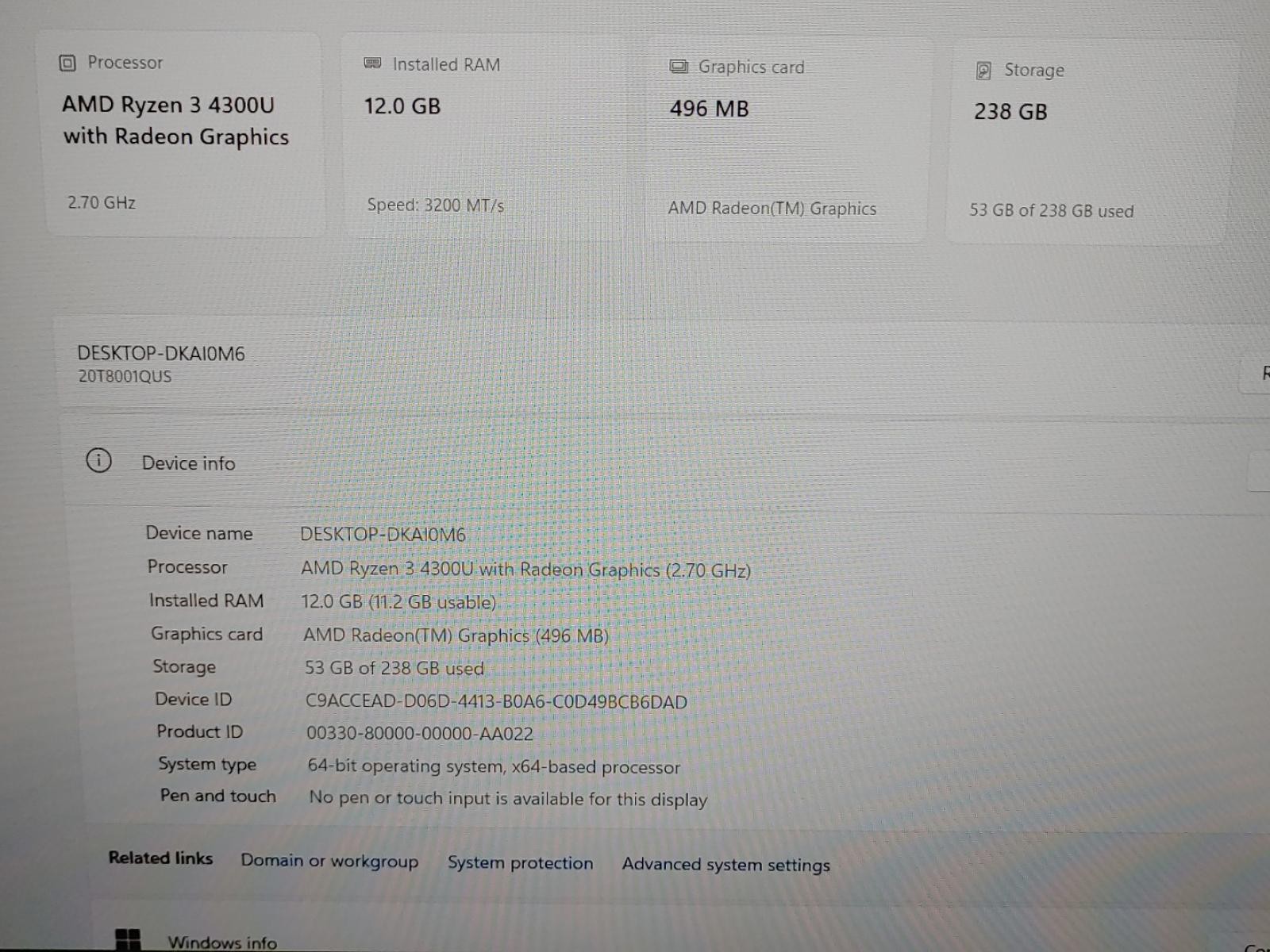 Lenovo ThinkPad E15 Gen 2 15.6″ AMD Ryzen 3 4300U 12GB 256GB Win11Pro **NO A/C**