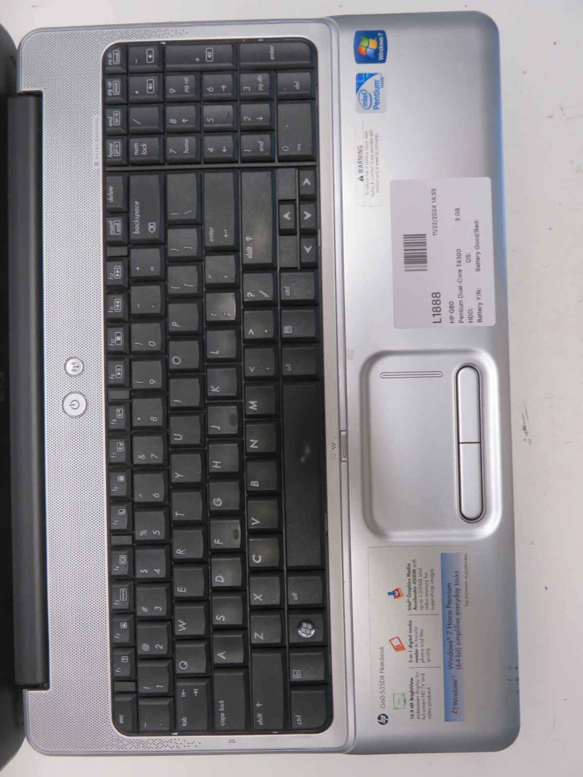 HP G60-535DX Laptop Intel Pentium Dual-Core T4300 2.1GHz 3 GB NO HDD No Batt