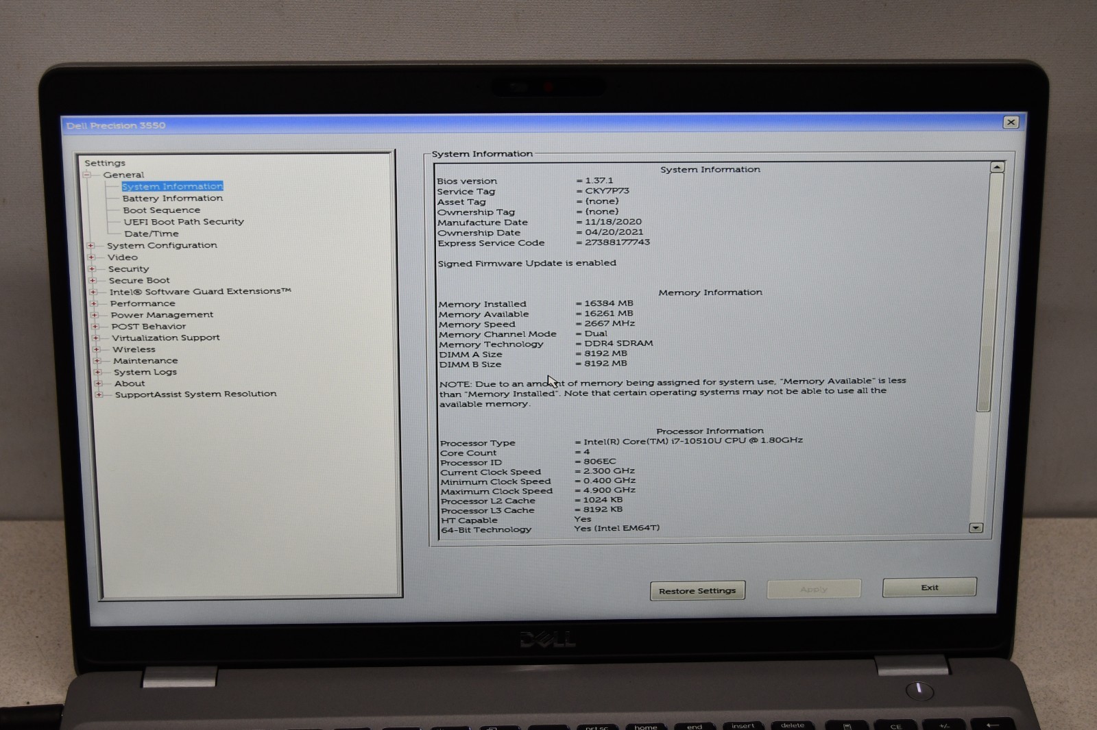 ^ Dell Precision 3550 15.6″ Intel i7-10510U @ 1.80GHz 16GB Ram No HD #X6989