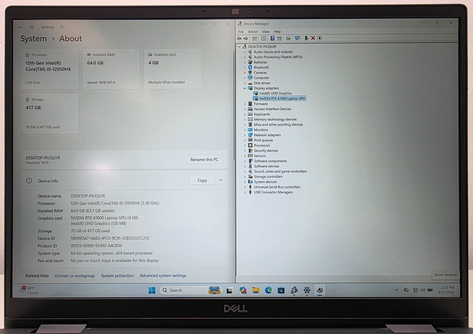 Dell Precision 7670 16″ i9-12950HX 2.30GHz 64GB RAM 512GB SSD RTX A1000 READ