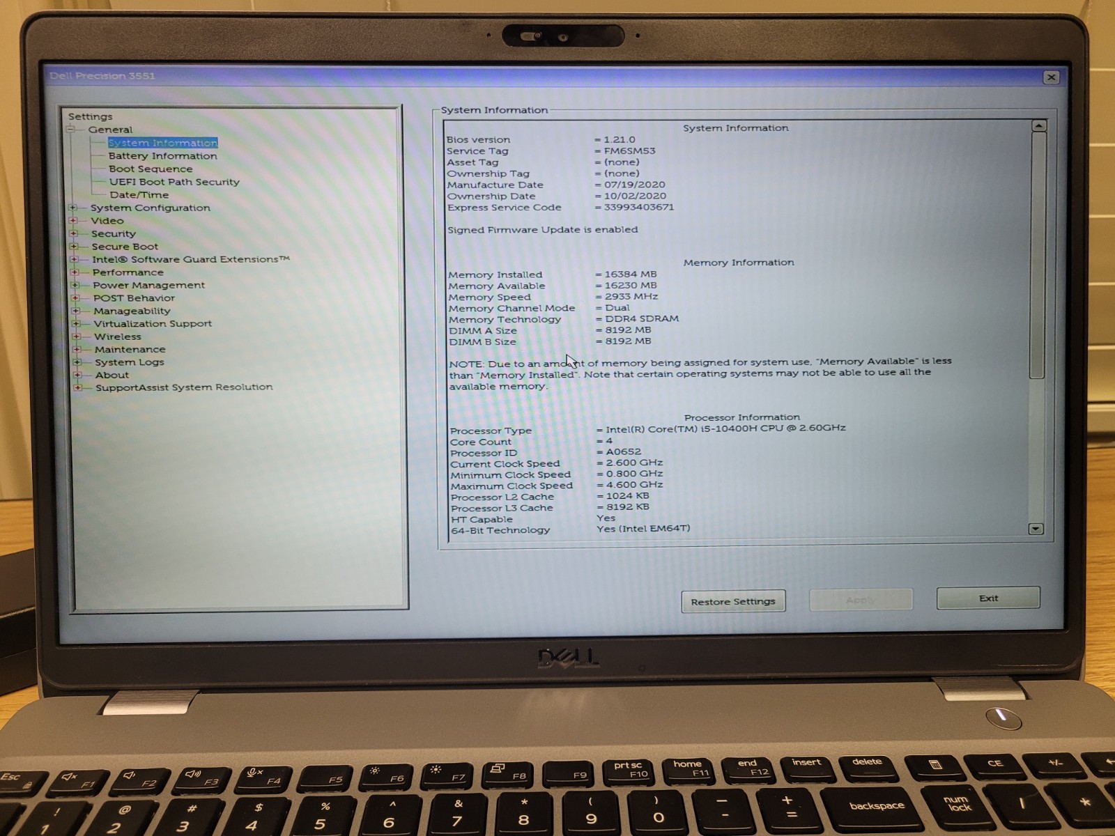 Dell Precision 3551 Laptop i5-10400H 10th Gen 16GB RAM 256GB SSD Win 11 Pro