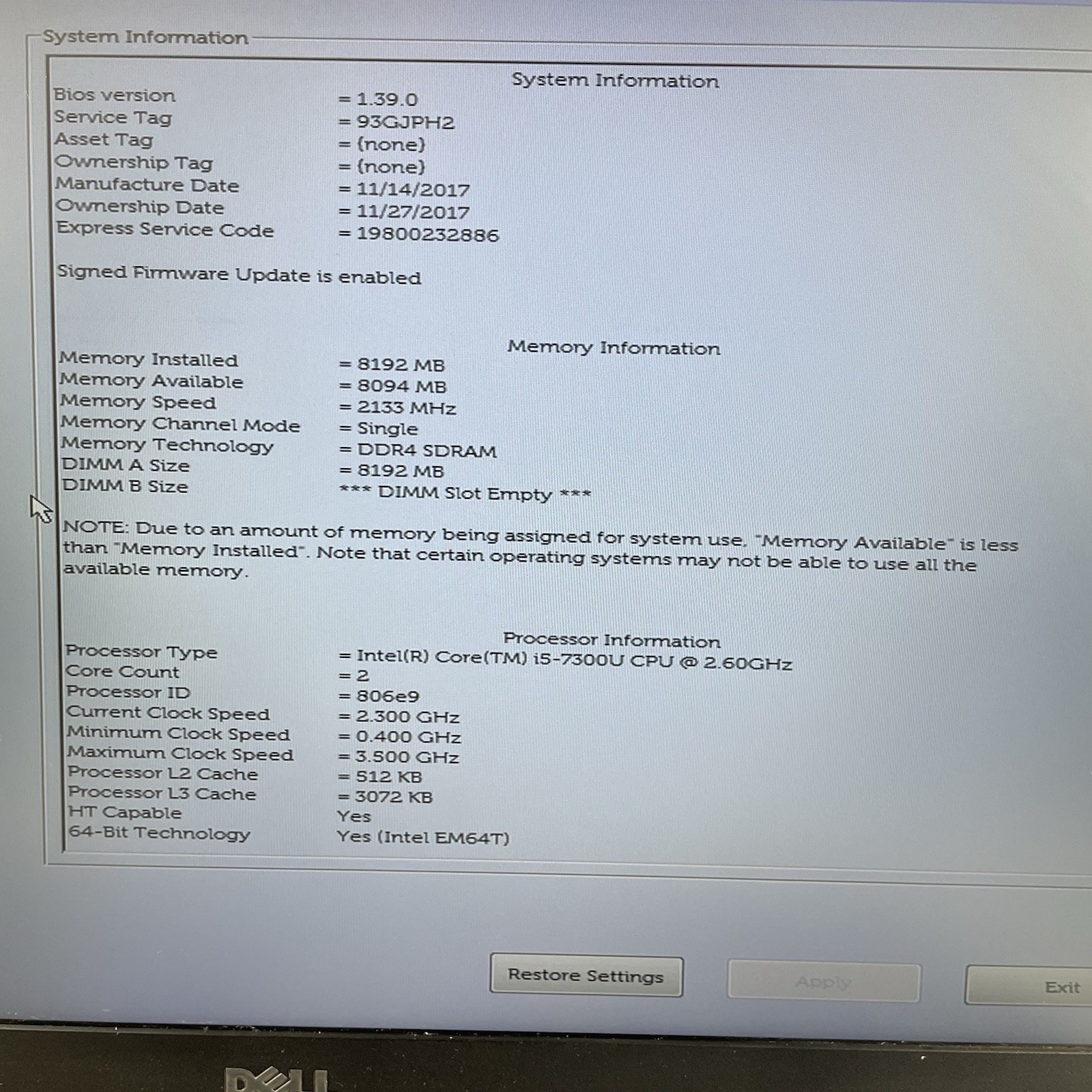 Dell Latitude 5580 15.6″ i5-7300U 2.6 GHz 8 GB RAM No SSD/OS/AC – No Hinge Cover