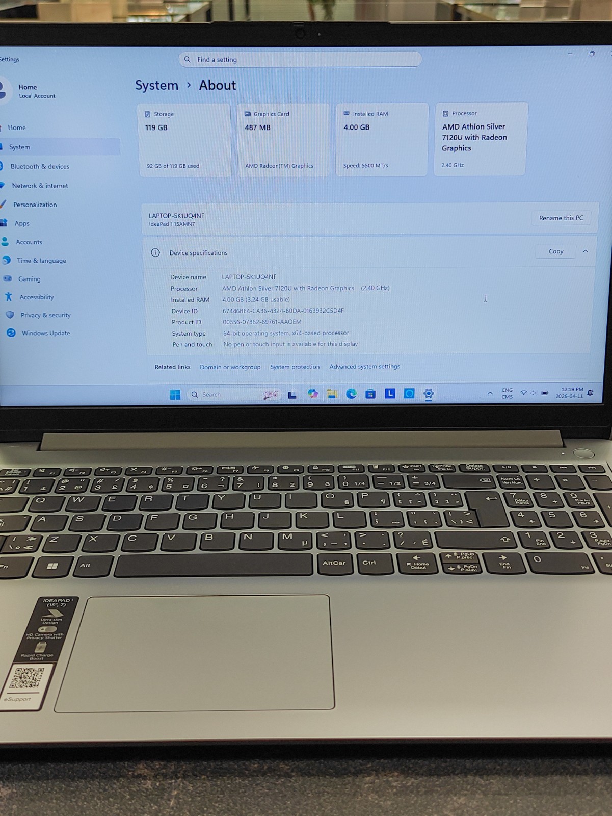 Lenovo IdeaPad 1 15.6″ 2023 Model Laptop w/ AMD 7120U 4GB 128GB SSD Win11 15AMN7