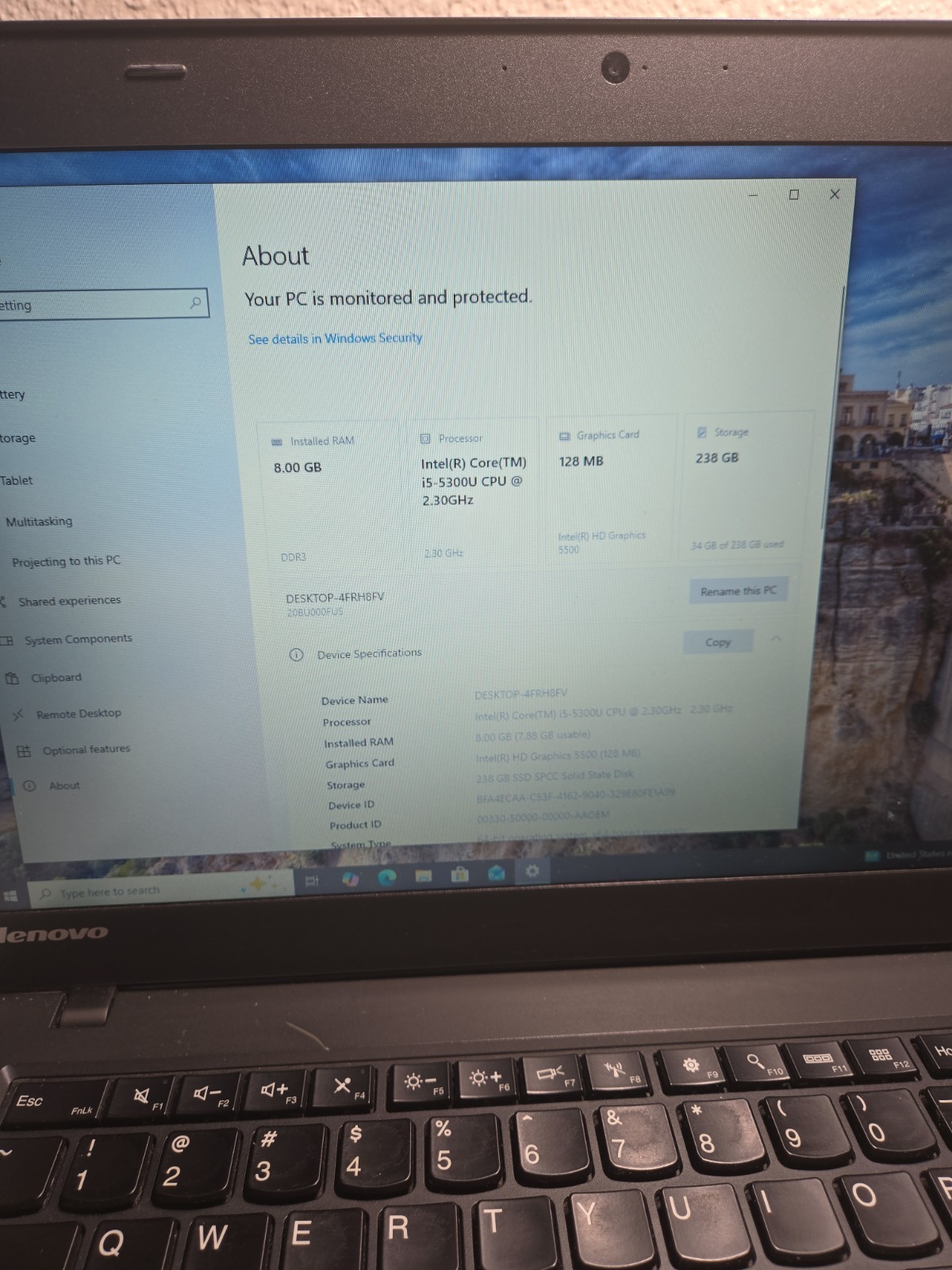 Lenovo 14″/i5-5300u/8Gb/ssd 250Gb/Camera/ Battery Works WELL NO AC #32