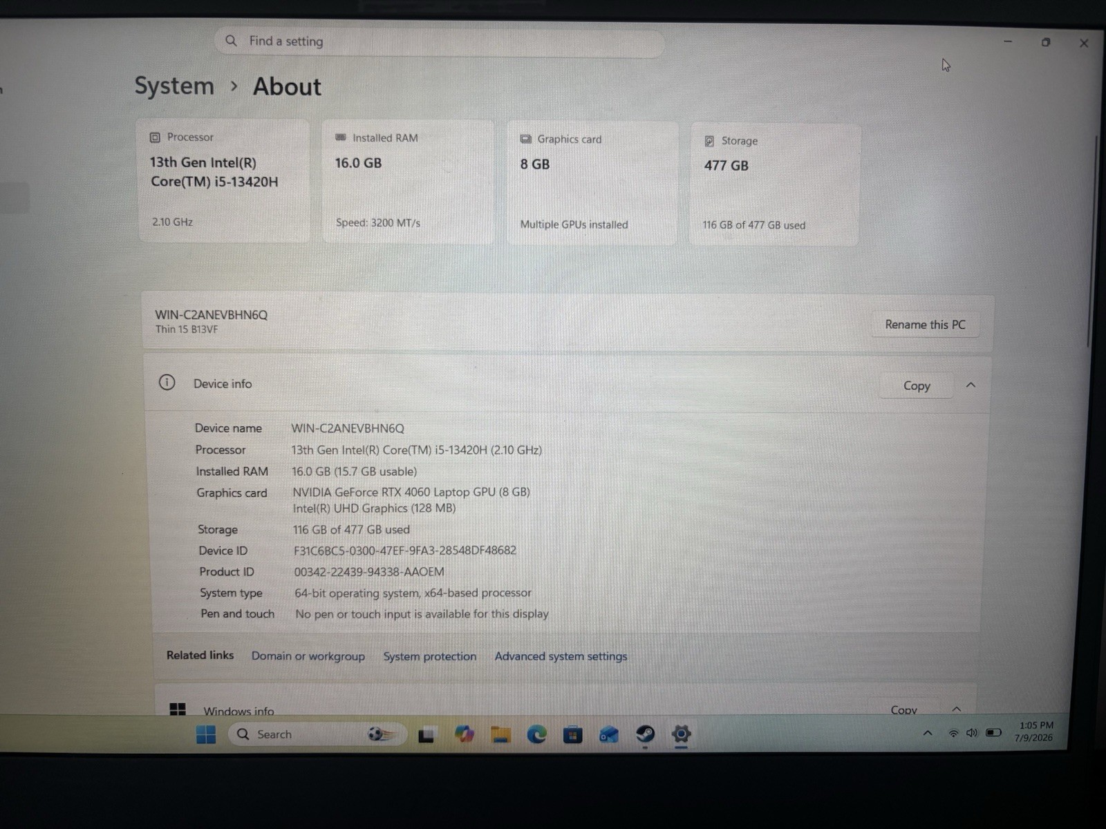 MSI Thin 15 B13VF 15.6″ FHD i5 13th Gen 16GB RTX 4060 512GB SSD Gray W/ Charger