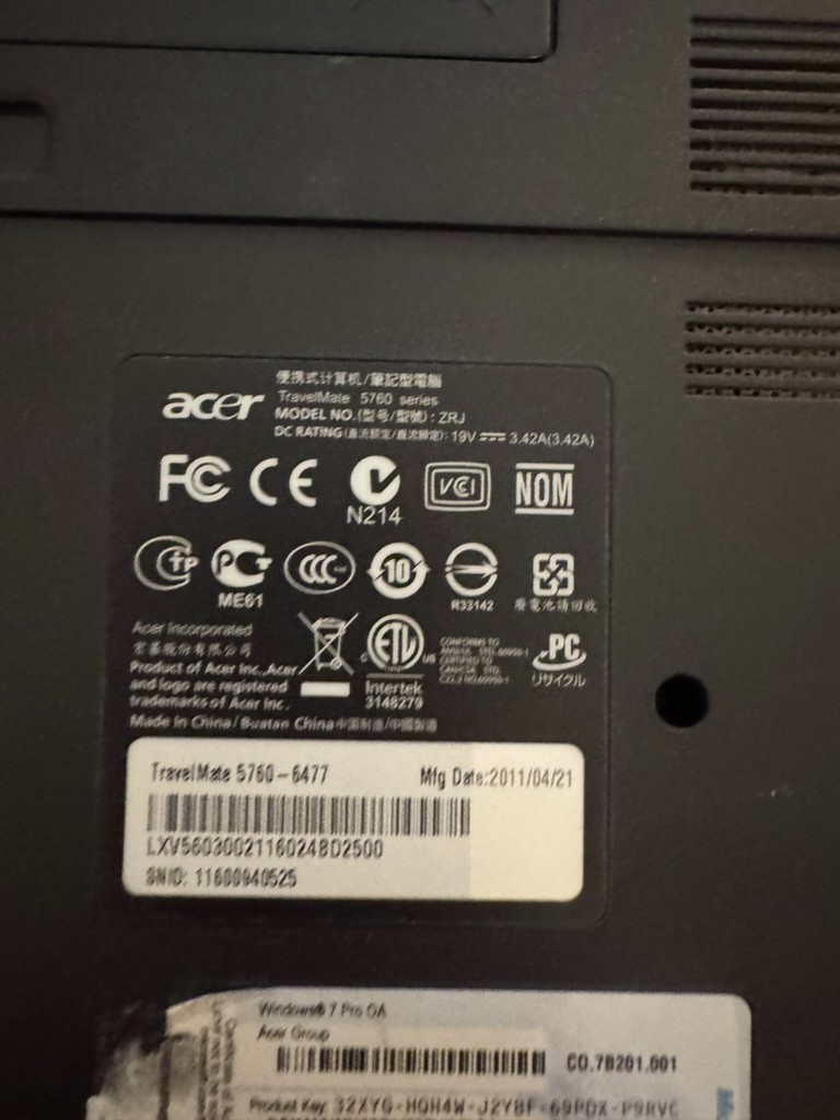 Acer TravelMate 5760 i5-2410M 4GB RAM – No HDD – Boots to BIOS – Parts/Repair