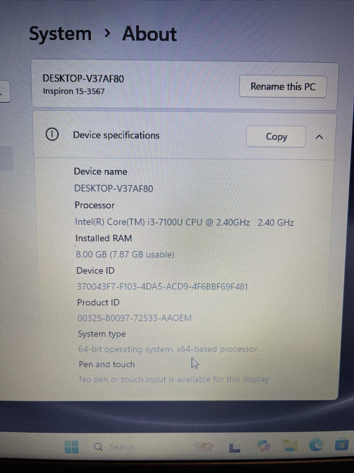 Dell Inspiron 15 3567 Laptop i3-7100U 2.4GHz 8GB 1TB HD DVDRW Win 11 15.6″