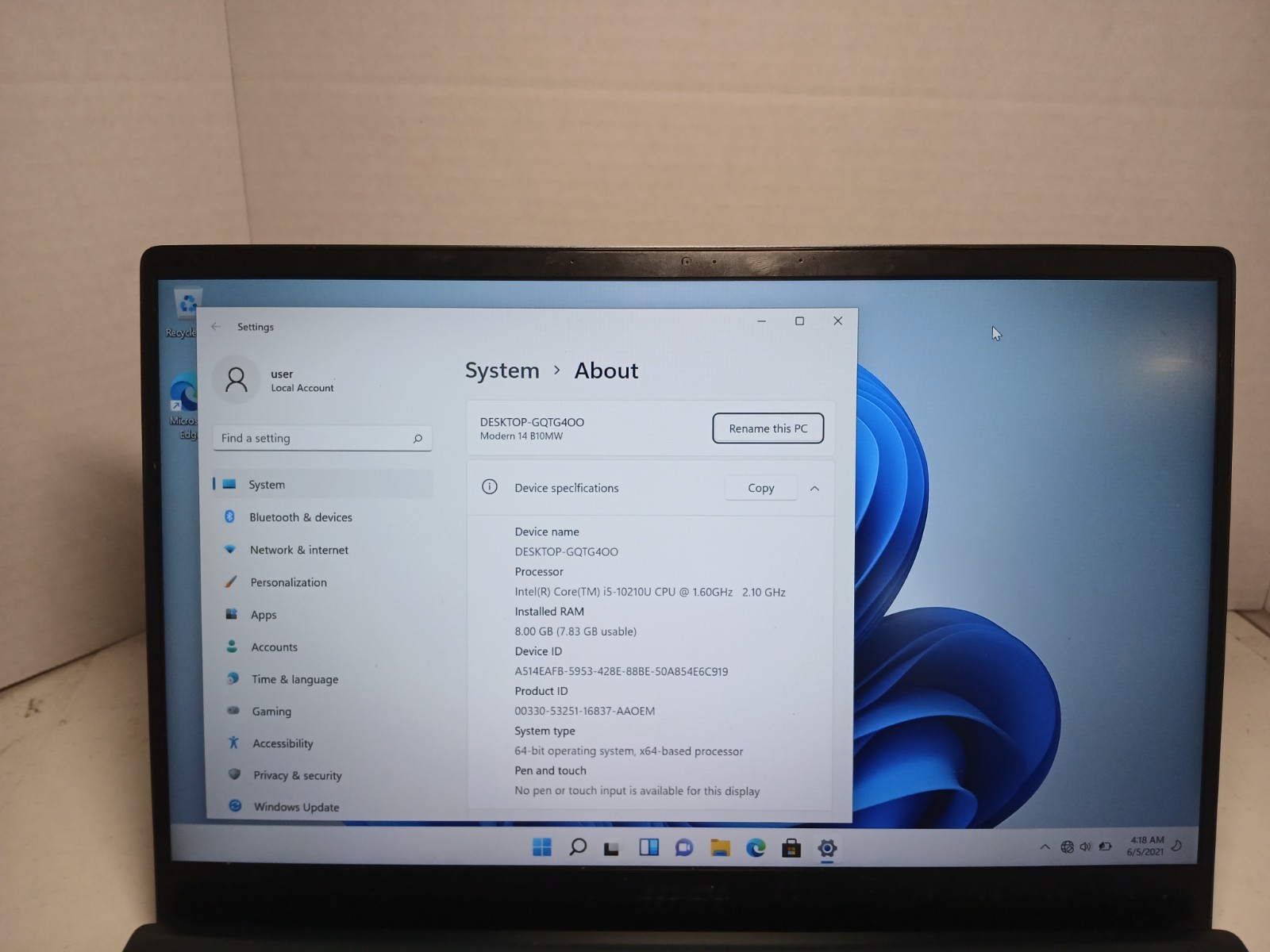 MSI Modern 14 B10MW i5-10210U 8GB RAM 256GB SSD Win11 #97