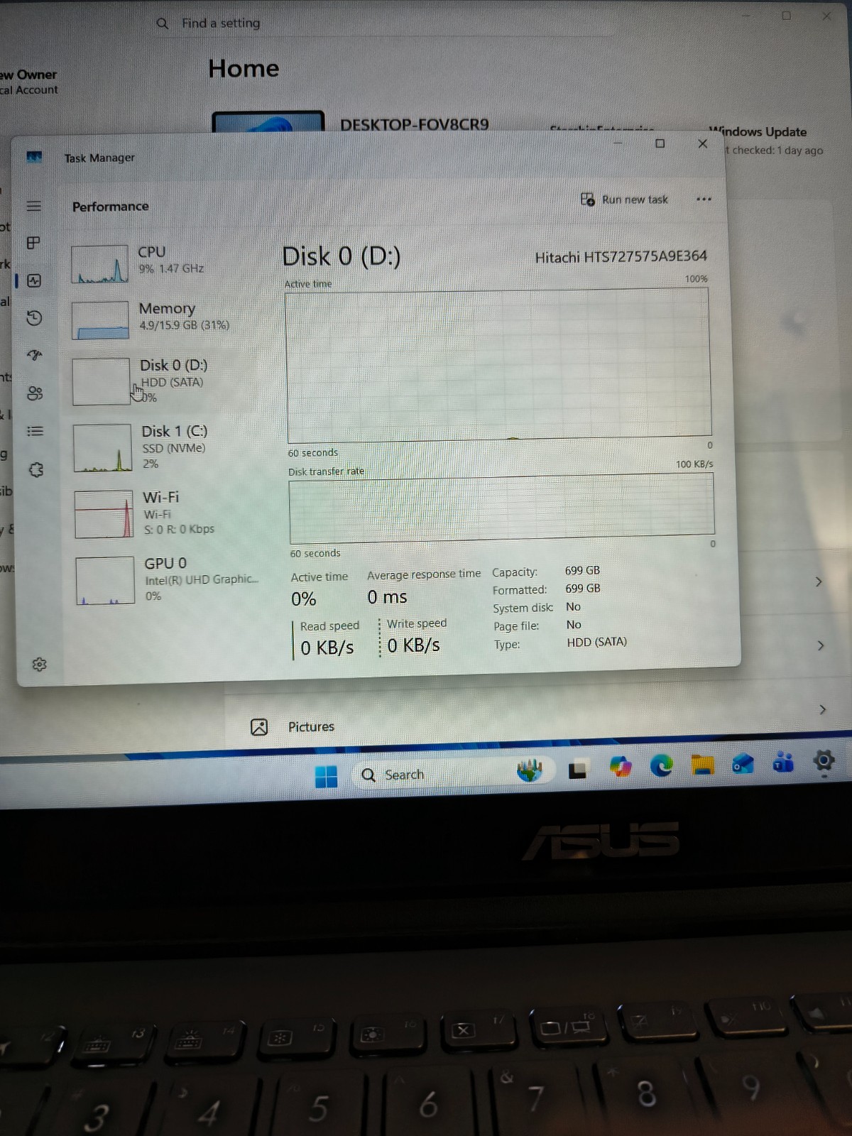 ASUS 15.6″ Q505U TS BKLT Laptop Core i5-8250 16GB 250GB NVMe SSD+1TB HD Wn11Hm