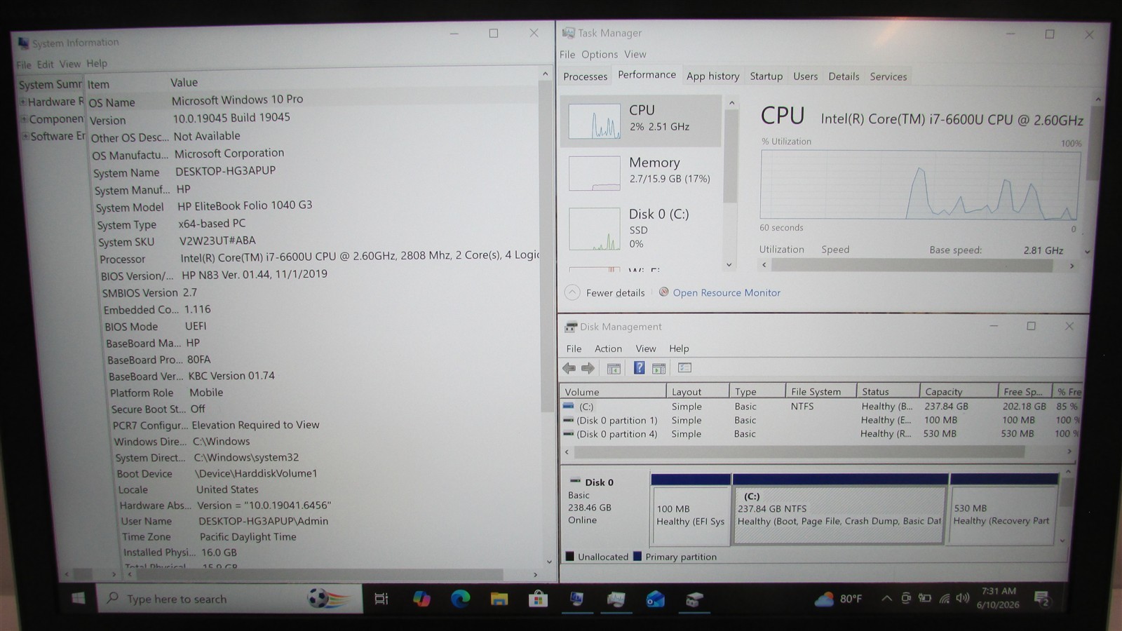 HP Elitebook Folio 1040 G3 i7-6600U 2.6GHz 16GB RAM 256GB m.2 14″ W10 Pro NO BAT