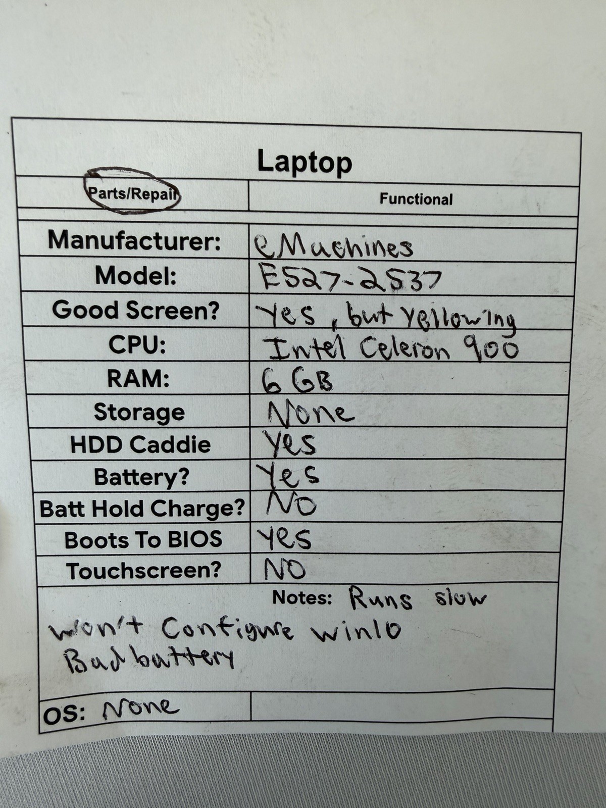 EMachines E527-2537 Laptop – Intel Celeron 900 – RAM 6 GB – Read Des