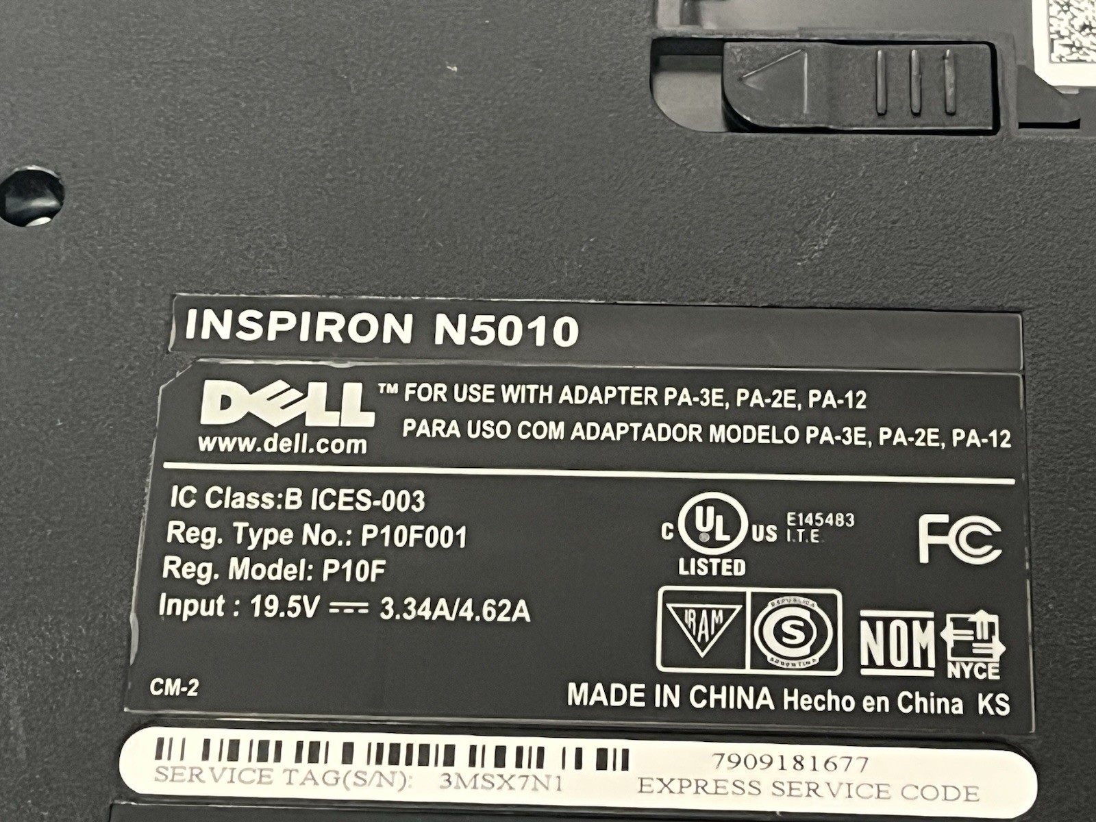 DELL INSPIRON N5010 INTEL CORE I3 M370 2.40GHZ 3GB RAM NO HDD NO OS