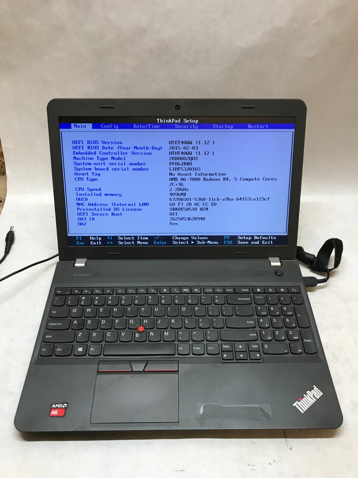 Lenovo ThinkPad E555 15″ Laptop AMD A6-7000 2.2GHz 4GB RAM NO HDD/OS NO BATT -DW