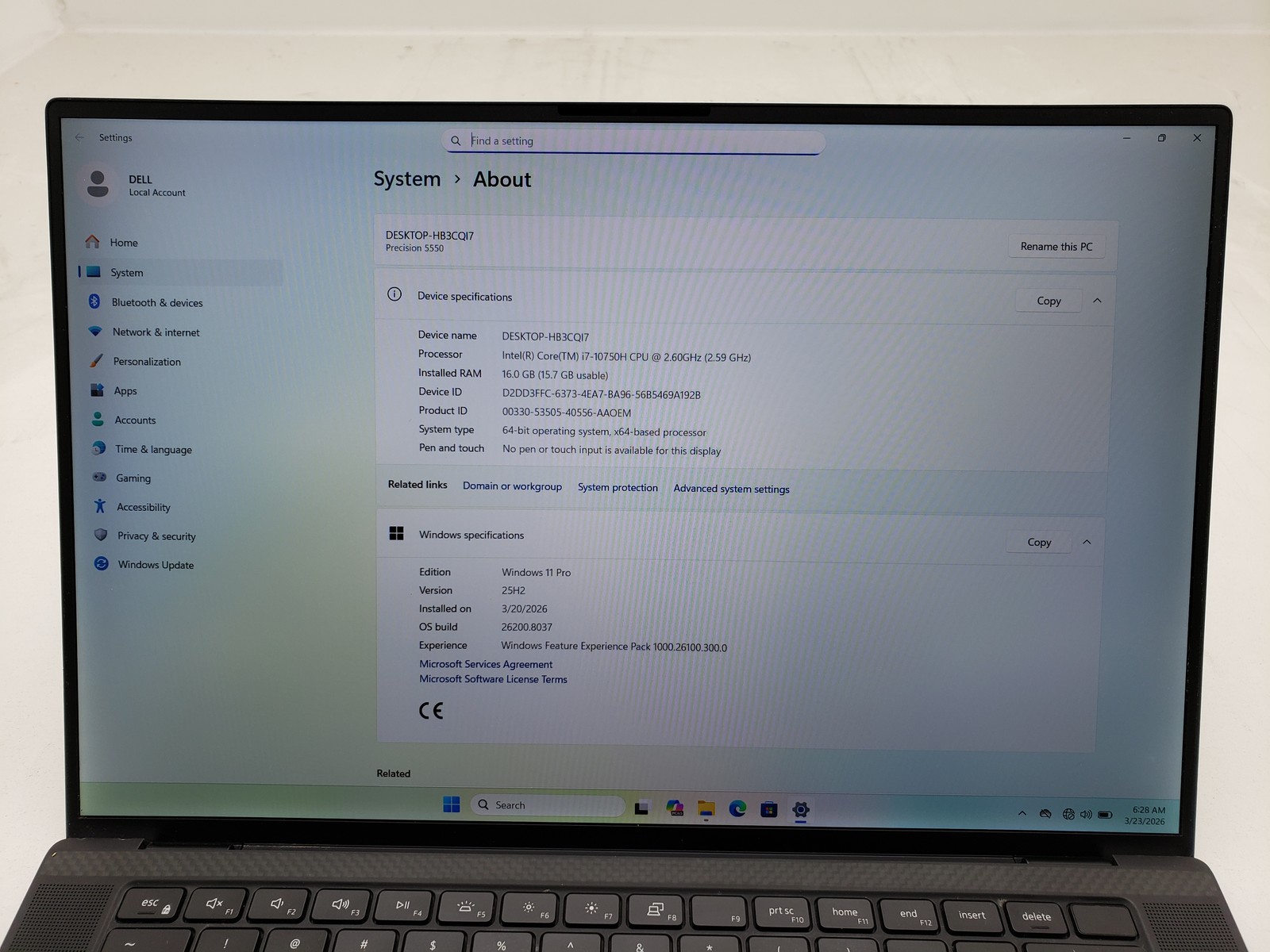 Dell Precision 5550 Laptop i7-10th 16GB Ram 512GB SSD Quadroo T1000 GPU 4GB