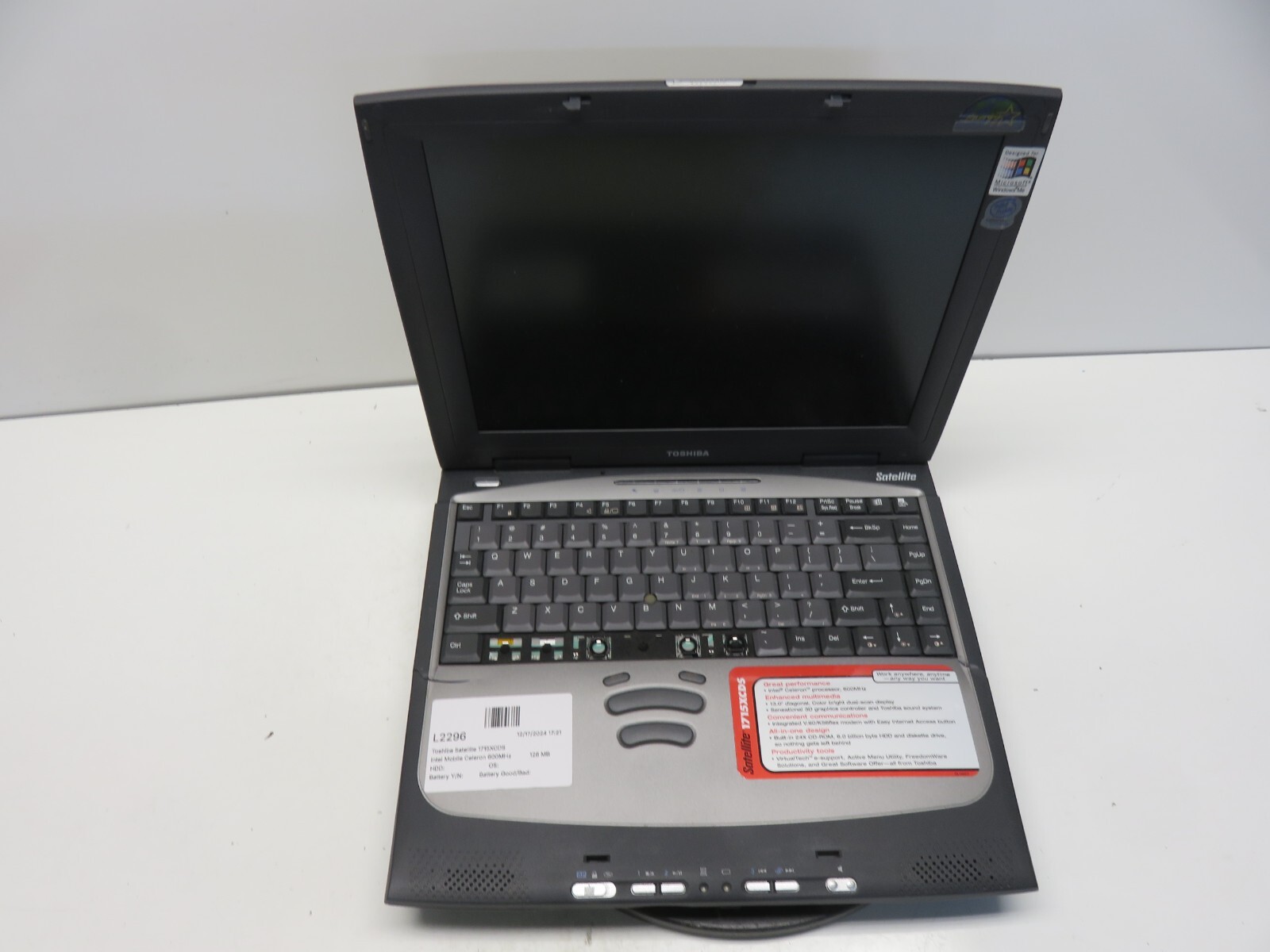 Toshiba Satellite 1715XCDS Intel Mobile Celeron 600MHz 128 MB NO HDD No Batt