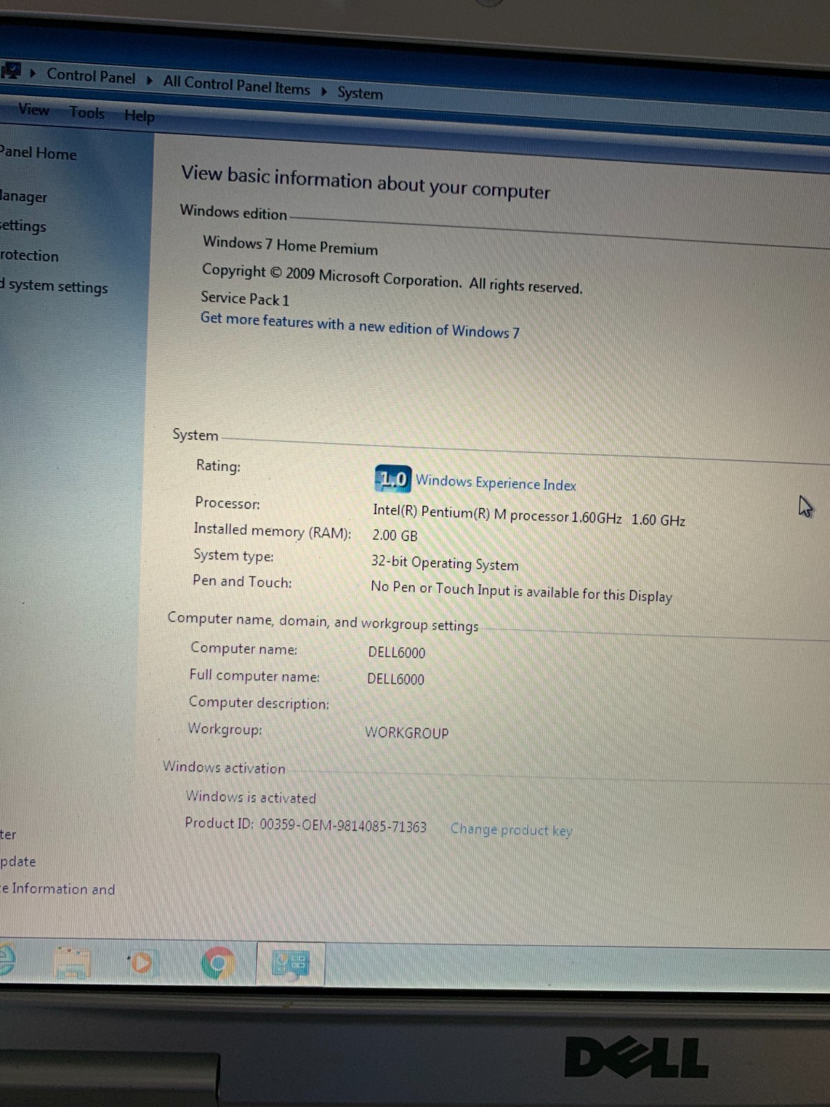 Dell Inspiron 6000 15.4″ Intel Pentium M 725 1.6 GHZ 2GB RAM 120GB SD Window 7