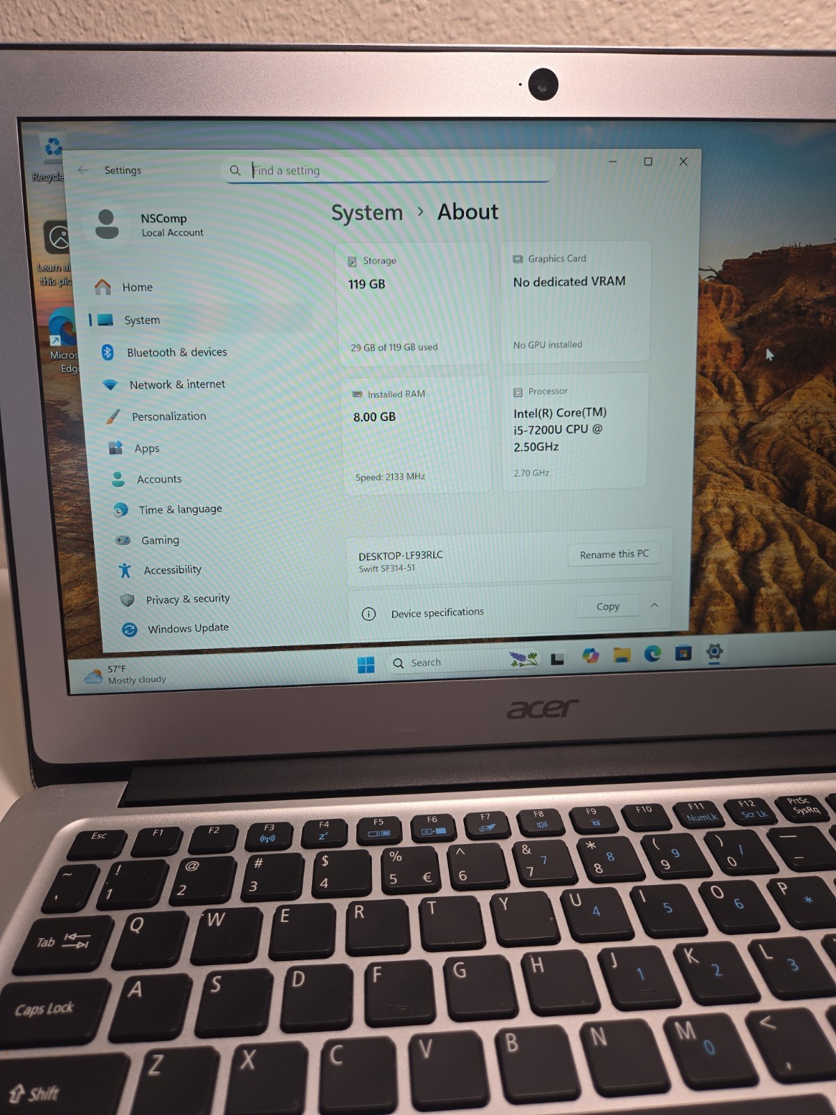 Acer 14″/i5-7200/8Gb/ssd 127Gb/Camera, Battery Work NO AC #14