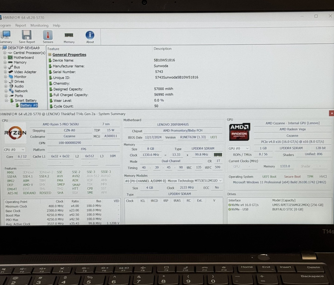 Lenovo ThinkPad T14s Gen 2a 14″ AMD Ryzen 5 Pro 5650U 8GB RAM 256GB SSD #TP15