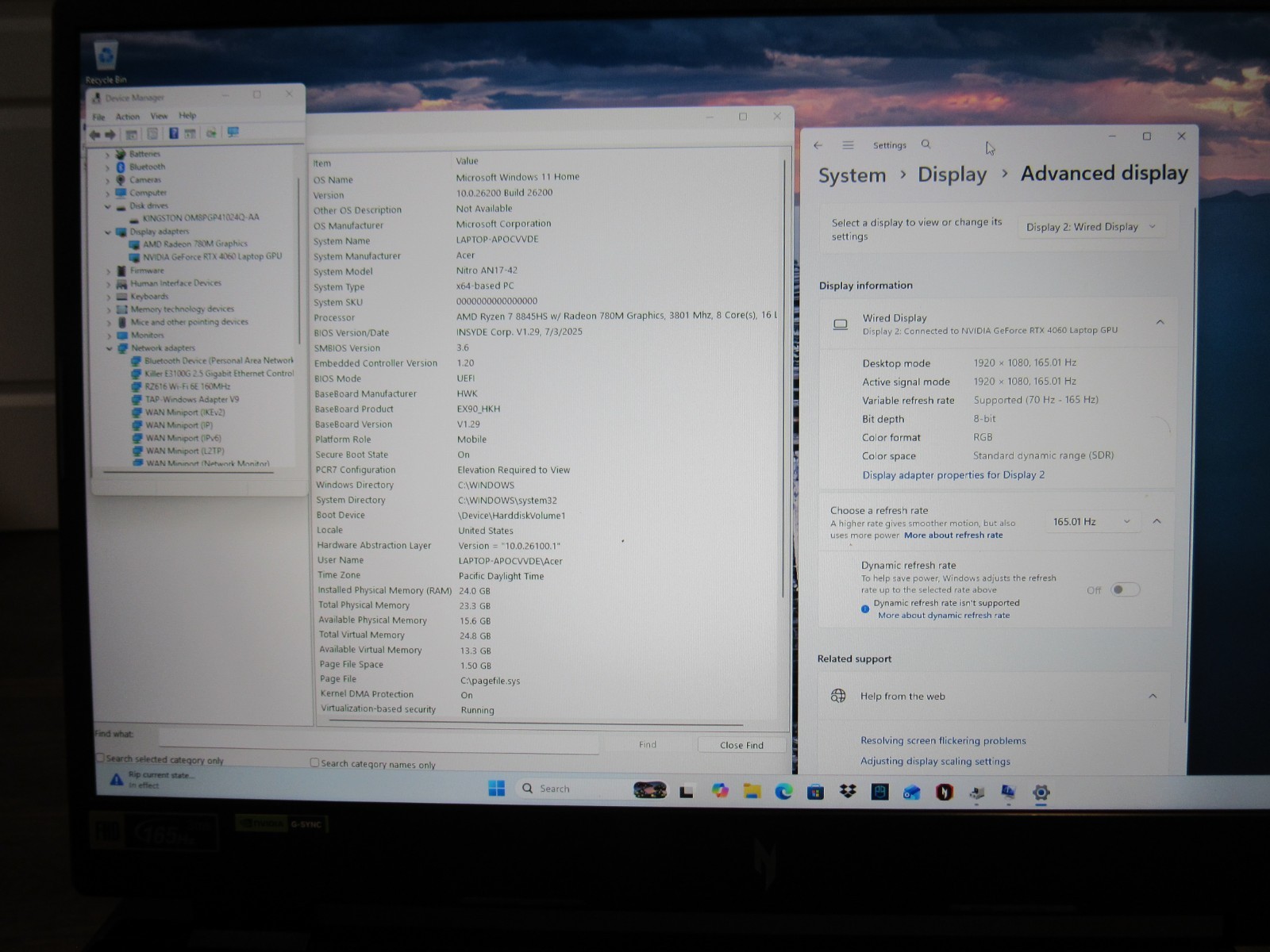 Acer Nitro 17 AN17-42-R9TH 17″ 165Hz GSYNC Ryzen 7 8845HS RTX 4060 24GB RAM 1TB