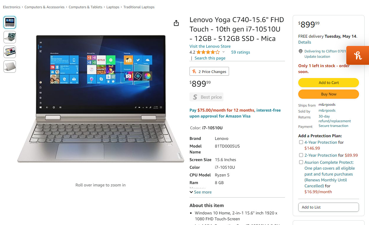 Lenovo Yoga C740-15IML 15.6 inch (512GB, Intel Core i7 10th Gen., 1.8GHz, 12GB)