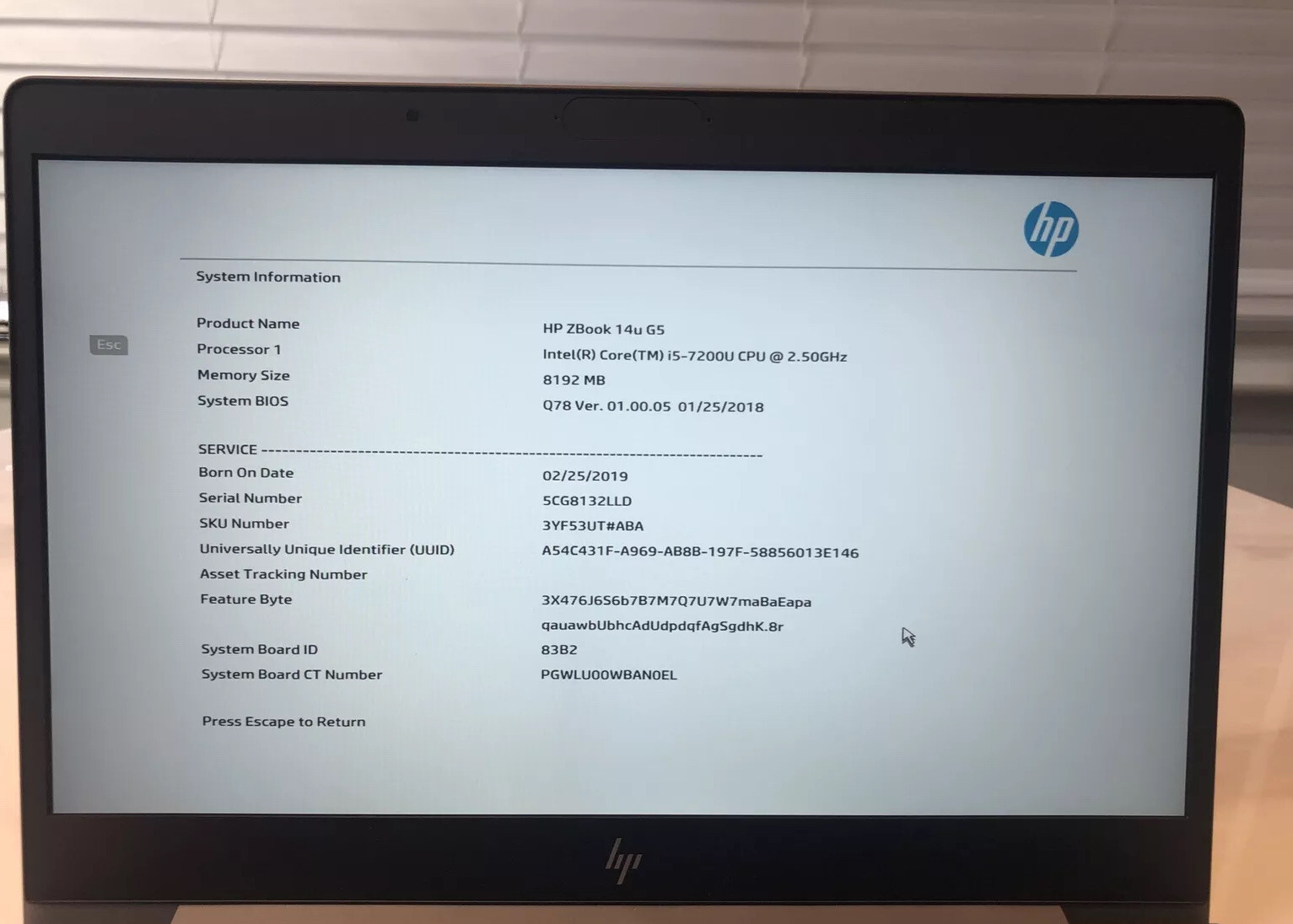 HP Zbook 14u G5 Core I5-7200U 2.5GHz 8GB RAM 256GB SSD Win 10Pro No Webcam