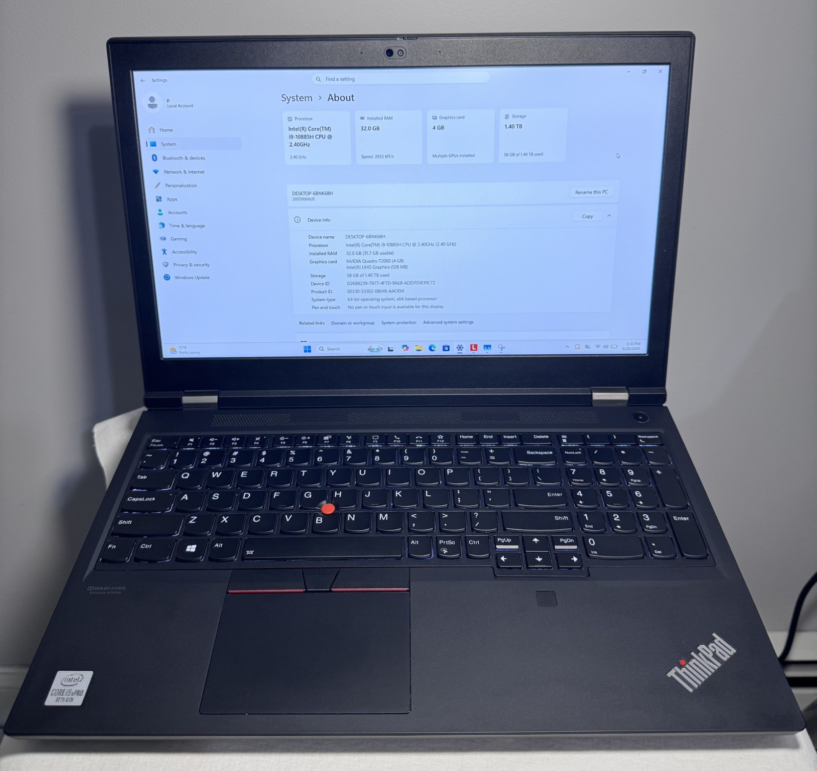 LENOVO ThinkPad P15 Gen1 i9 32GB RAM 1.5TB SSD WIN11P CHARGER INCLUDED