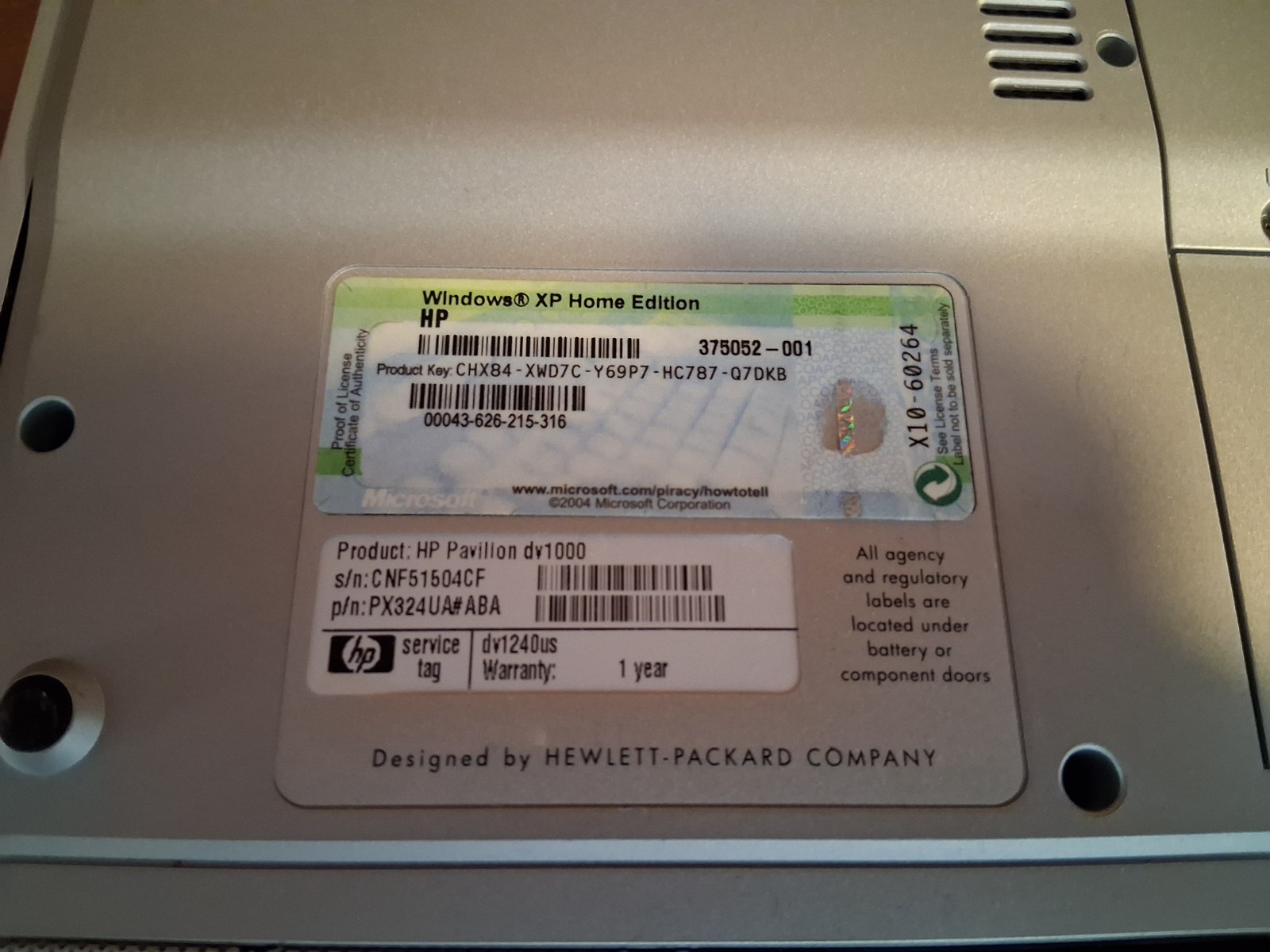 HP Pavilion Laptop DV1000 1.70GHZ 992MB RAM WINDOWS XP