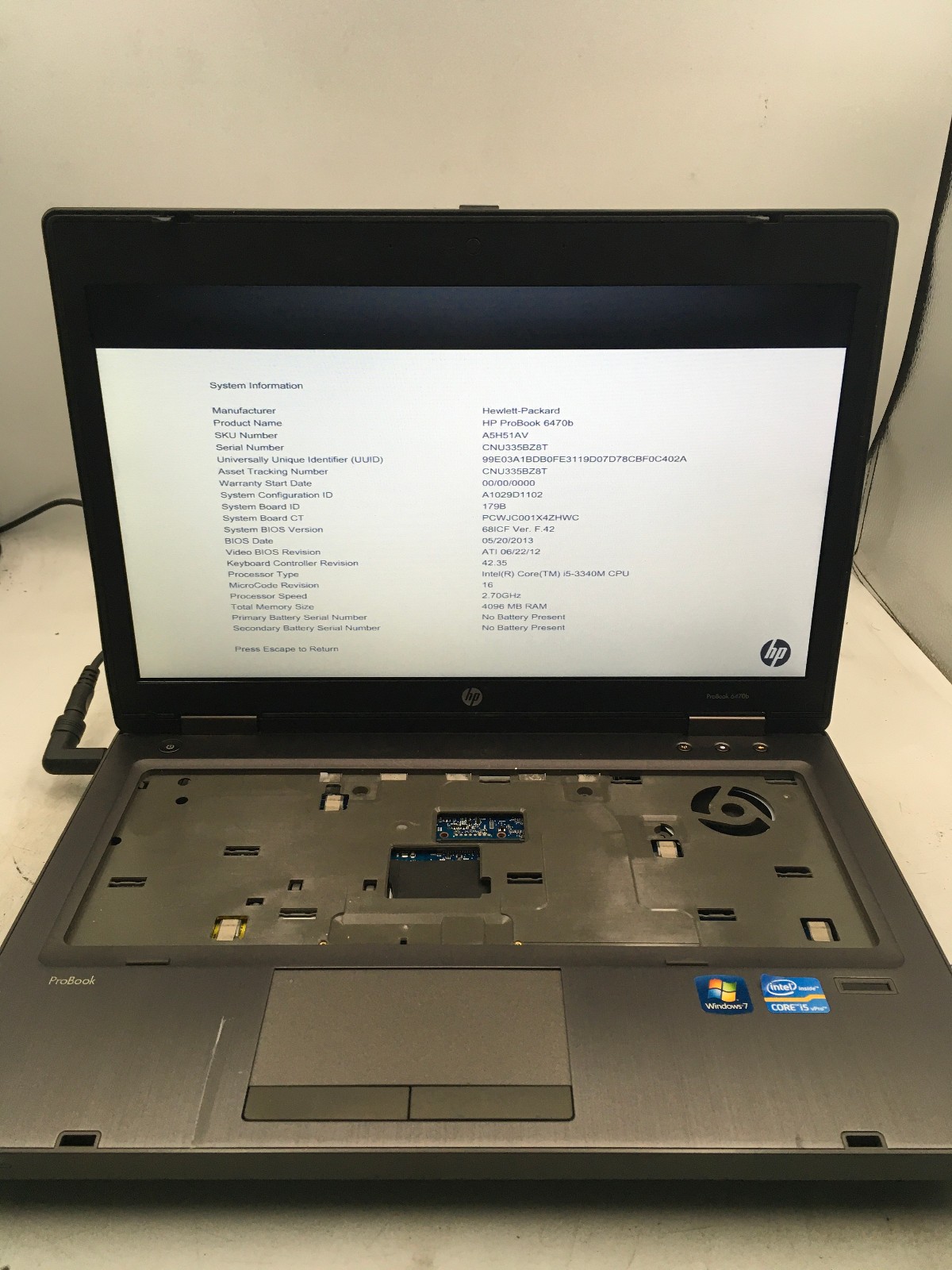 HP PROBOOK 6470B – BOOTS TO BIOS/LOCKED – INTEL I5 3340M – NO RAM – READ DESC-BB