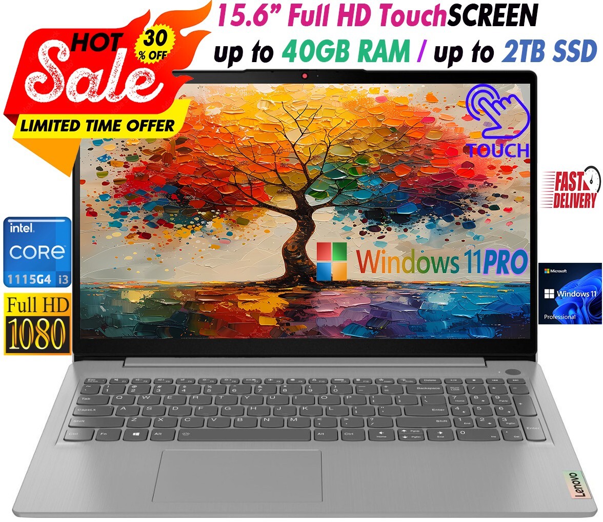 Lenovo Laptop 15.6″ Touch Intel i3-1115G4 Up to 40GB RAM & 2TB SSD Win11 PRO