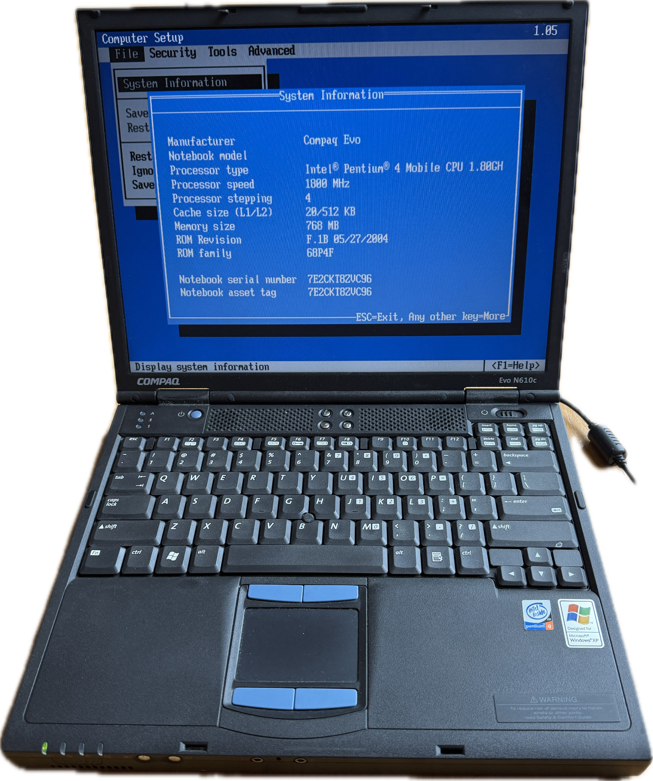 Compaq Evo N610c Laptop for Parts, No HDD, Boot to BIOS