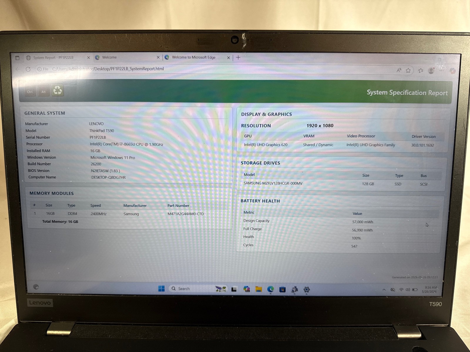 Lenovo ThinkPad T590 Intel Core i7-8665U 16 GB 128GB SSD 15.6″ Charge Port Issue
