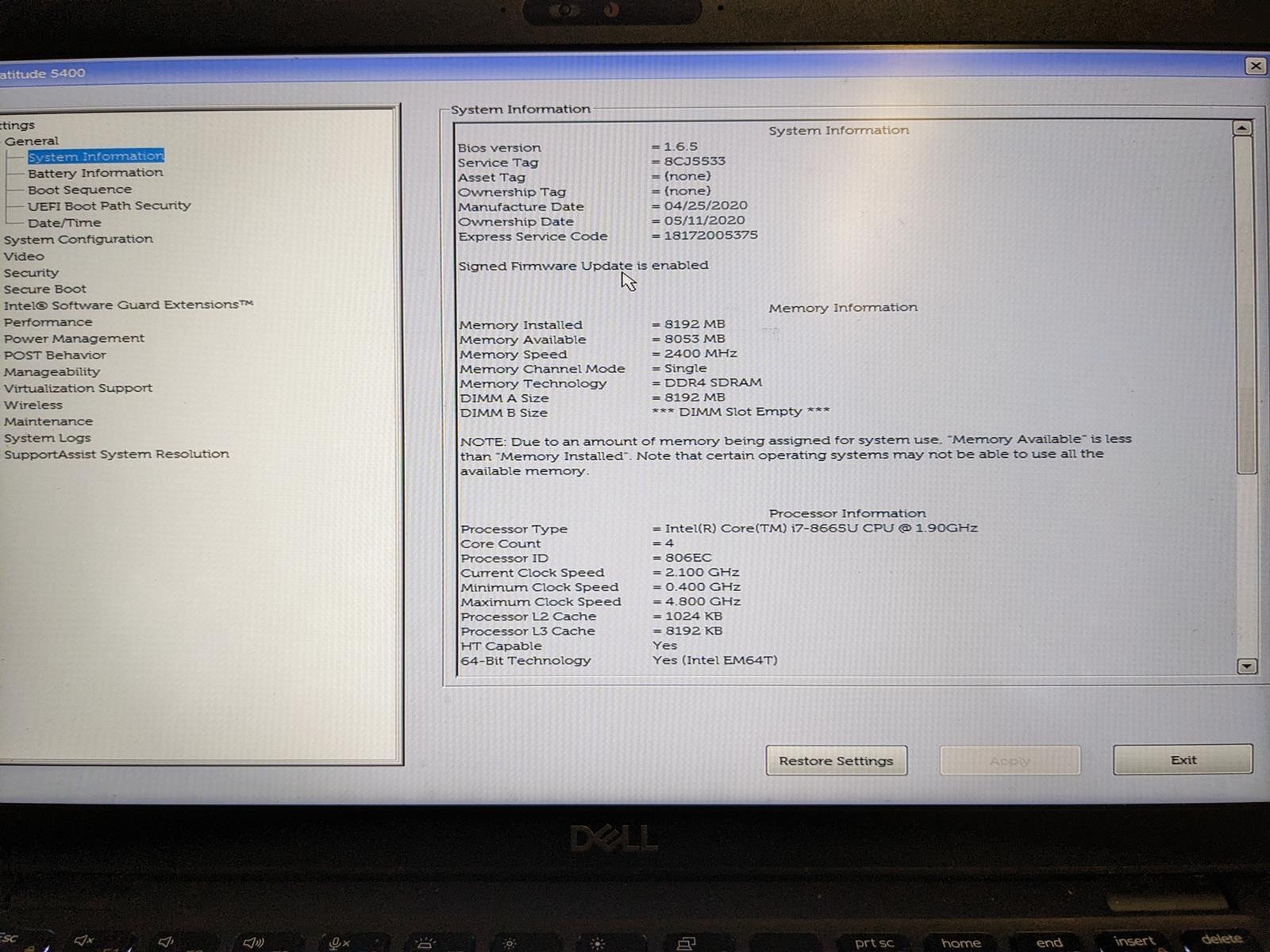 DELL LATITUDE 5400 i7-8665U @ 1.90GHz, 8GB RAM, NO HDD/OS – (FOR PARTS)