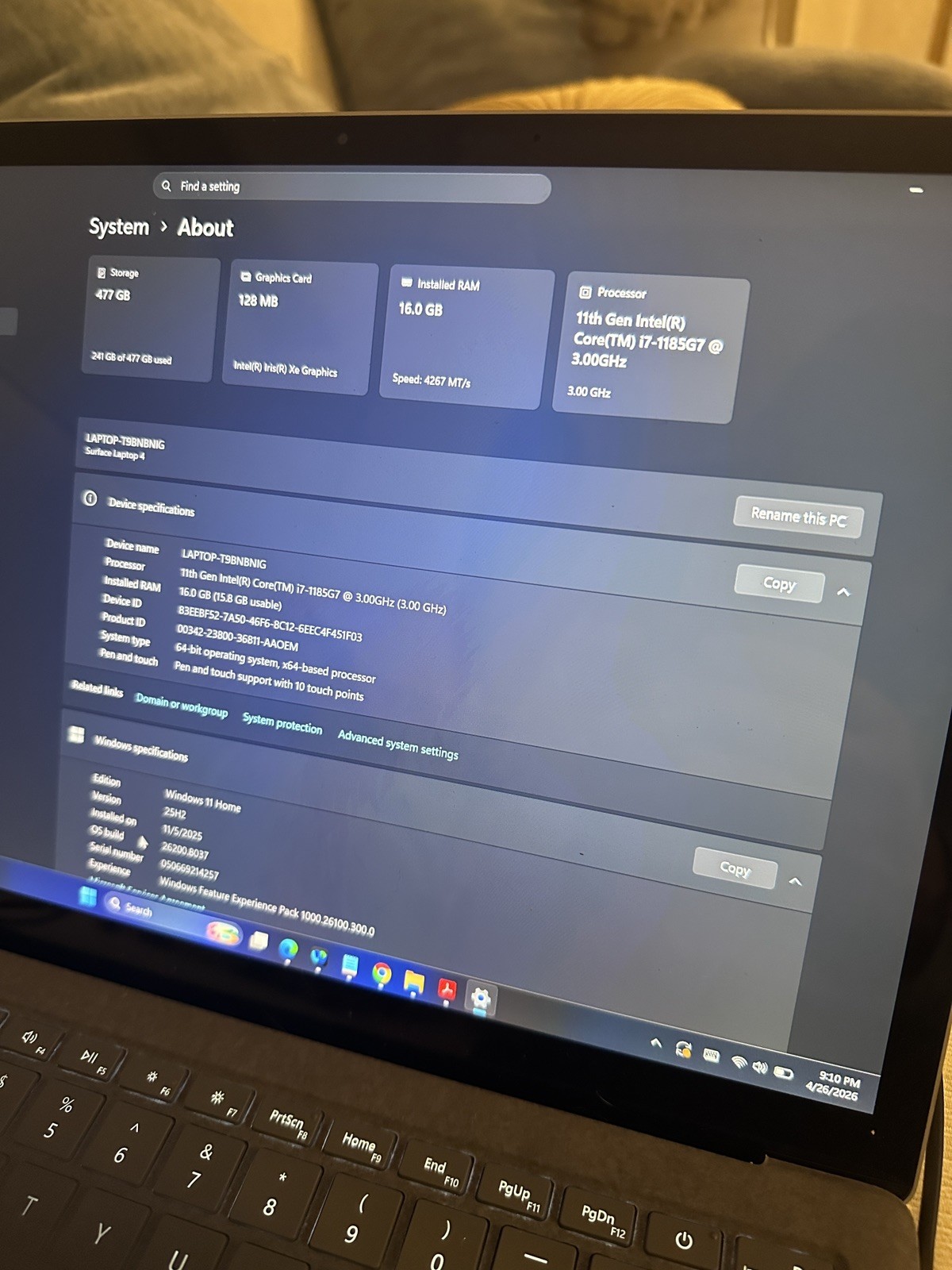 Microsoft Surface Laptop 4 13.5” i7 16GB 512GB Windows 11 Home + Charger – Great