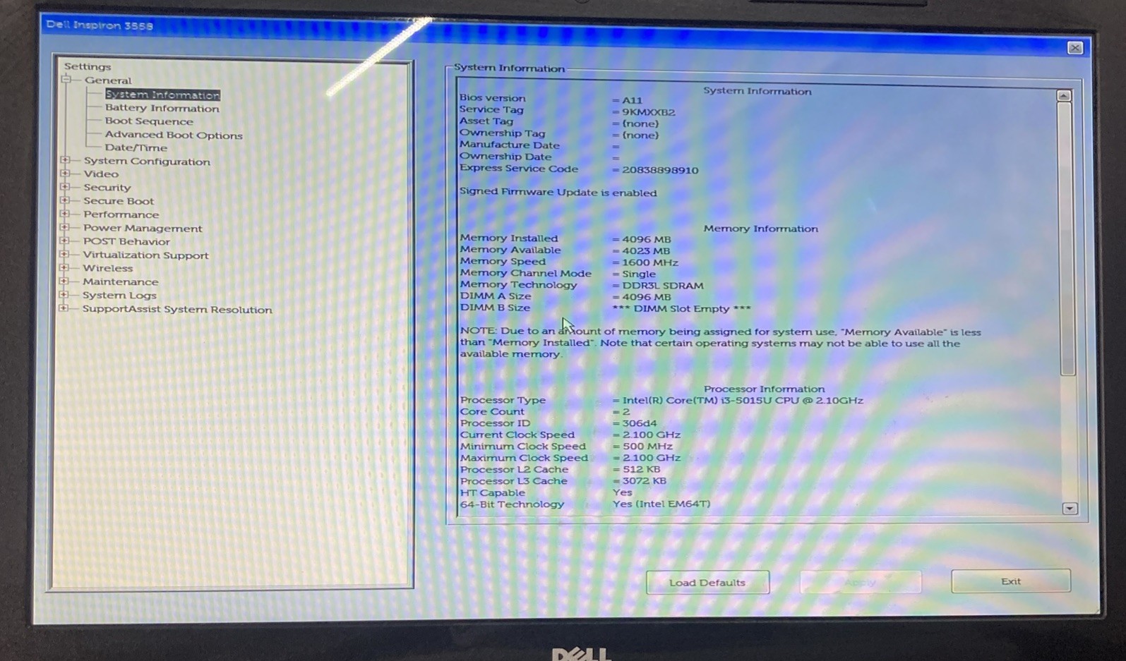 Dell Inspiron 15 3558 Intel Core i3-5015U 2.10GHz 4GB no HDD Boot to BIOS