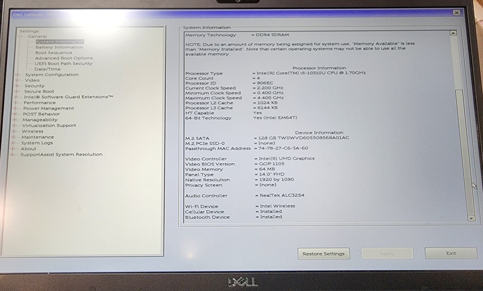 Dell Latitude 7410 14″ FHD i5-10310U CPU 8GB 120GB SSD Thunderbolt 3 Win11Pro