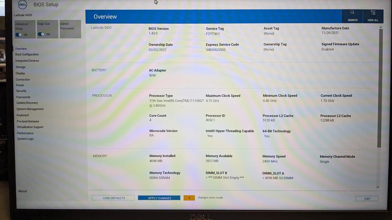 DELL LATITUDE 5420 i7-1165G7 @ 2.80GHz, 4GB RAM, NO HDD/OS