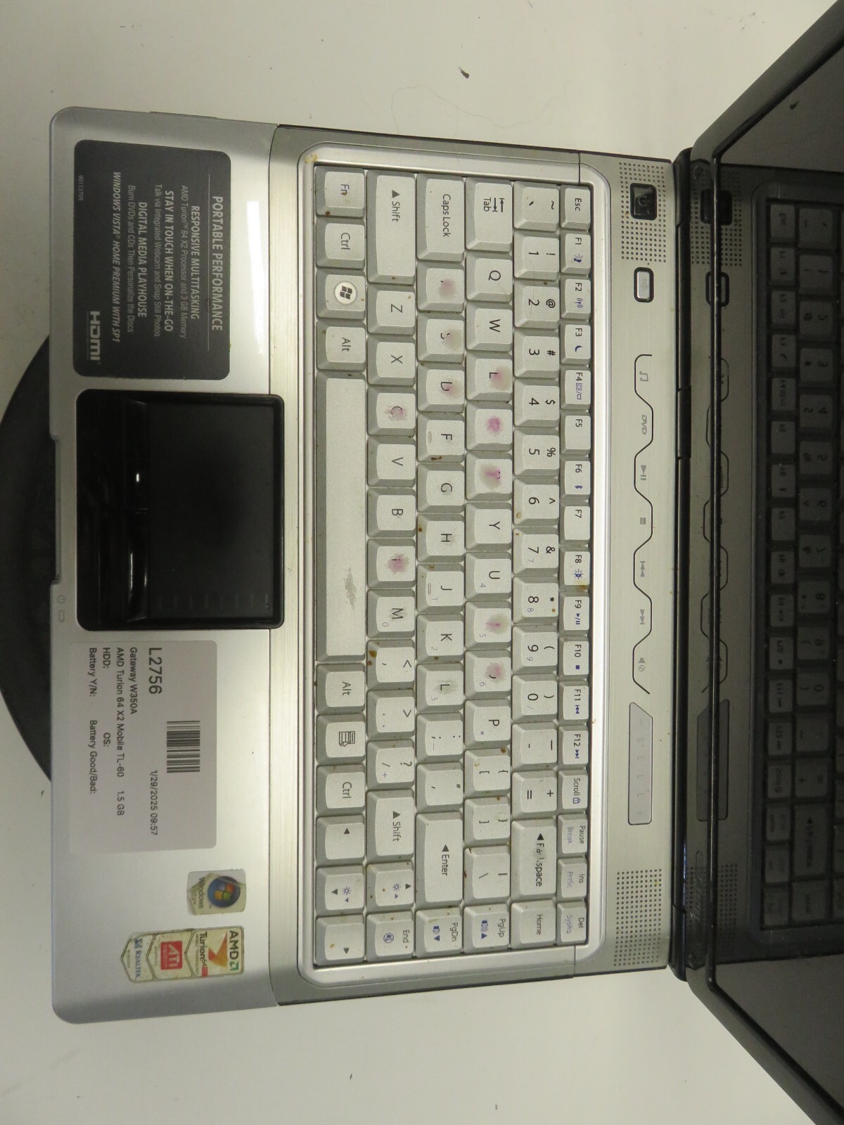 Gateway W350A AMD Turion 64 X2 Mobile TL-60 2000MHz 1.5 GB NO HDD No Batt
