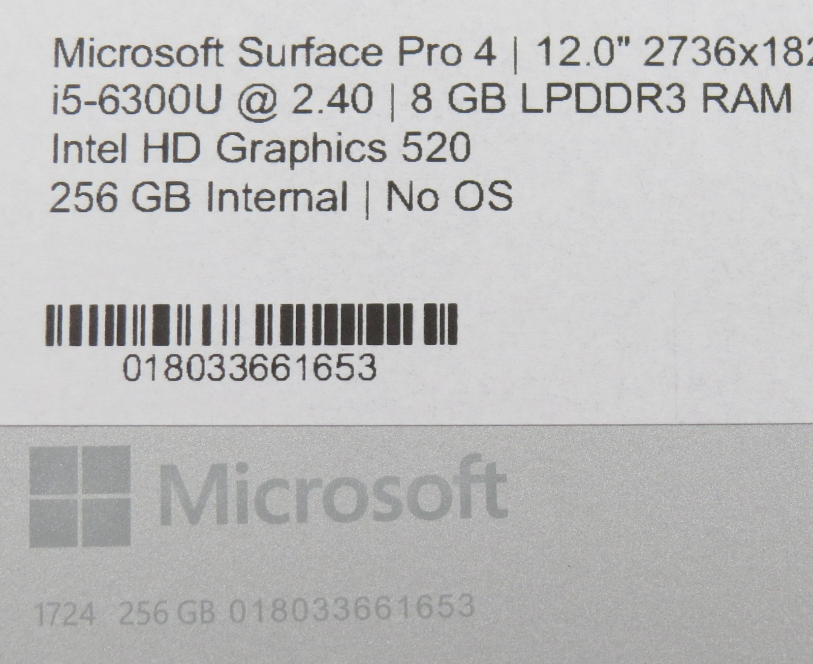 Microsoft Surface Pro 4 i5-6300U@2.4GHz 8GB RAM 12″ 256GB HD No OS/AC