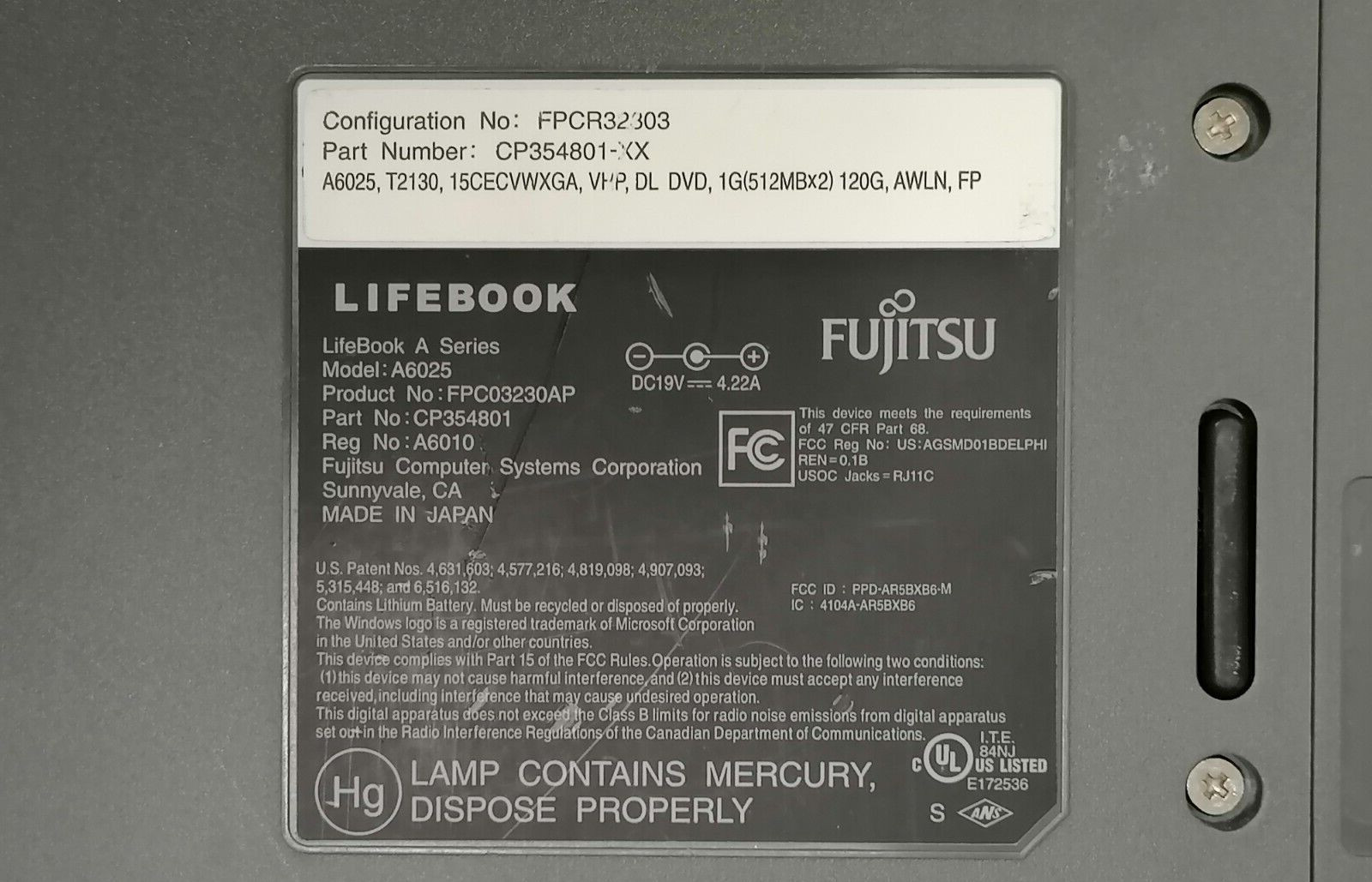 FOR PARTS 15.4″ Fujitsu A6025 (Pentium T2130/1.86 GHz/1 GB RAM/NO HDD)