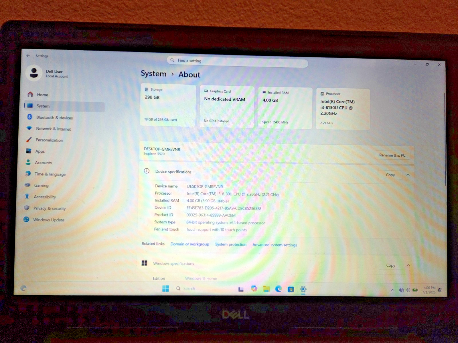 Dell Inspiron 5570 Intel Core i3-8130U 2.20GHZ 4GB RAM 320GB HD DVDRW FHD Touch