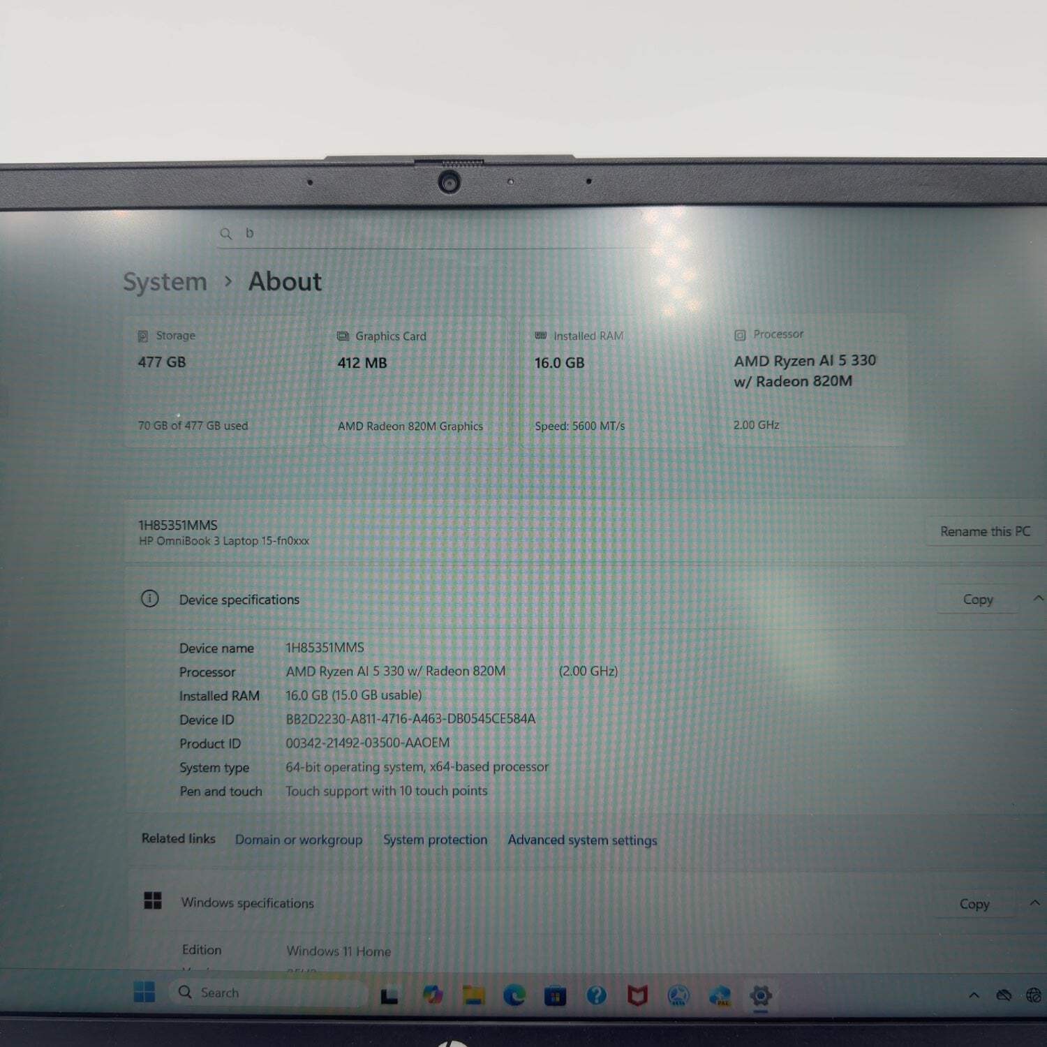HP OmniBook 3 15-FN0105DX 15.6″ Ryzen AI 5 330 2.0 16GB RAM 512GB SSD