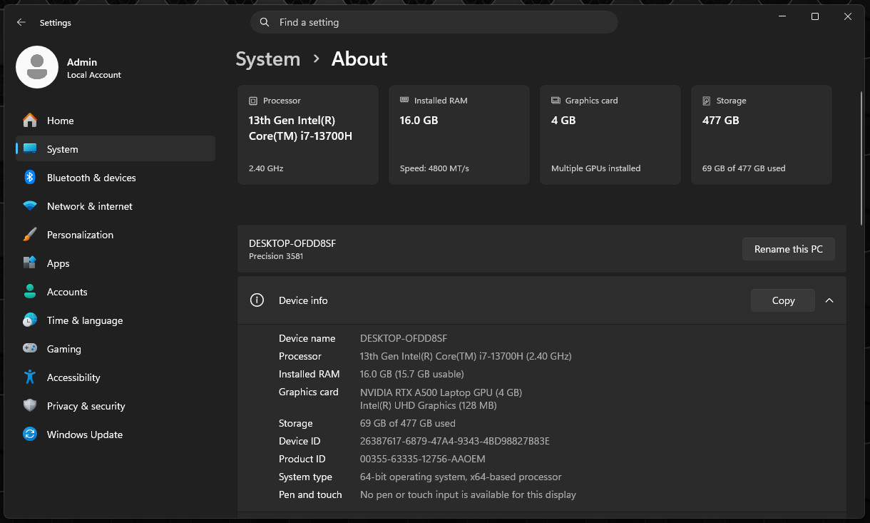 Dell Precision 3581 | CORE i7-13700H @ 2.40GHZ | 512GB SSD | 16GB RAM | W11 Pro